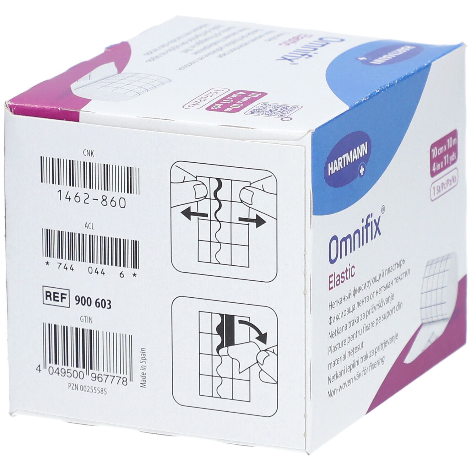 Omnifix Elastic, 10 cm x 10 m, en boîte. Hartmann. Instructions sur l'emballage.