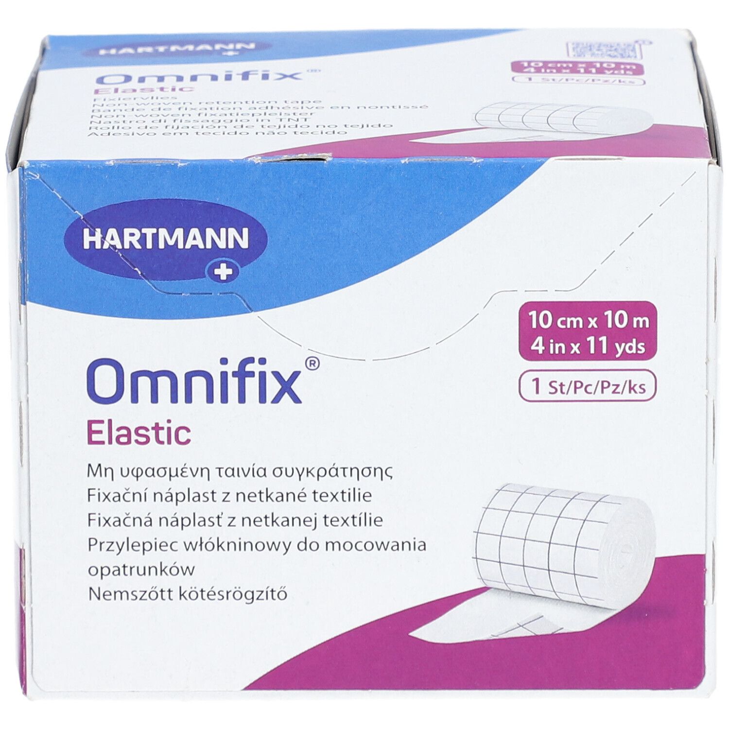Omnifix Elastic, 10 cm x 10 m, en boîte. Hartmann. Rouleau de fixation visible.