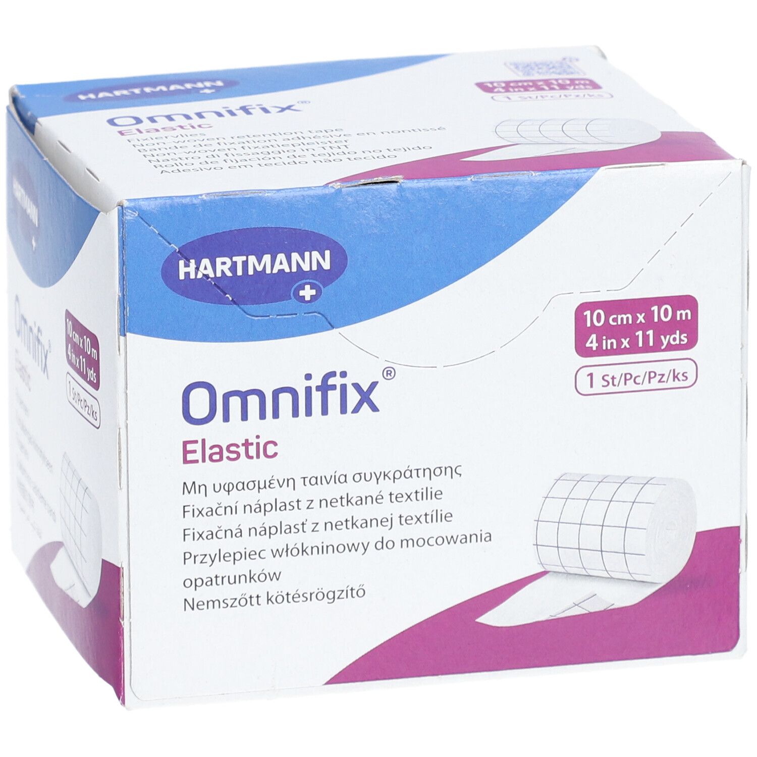 Omnifix Elastic, 10 cm x 10 m, en boîte. Hartmann. Rouleau de fixation visible.