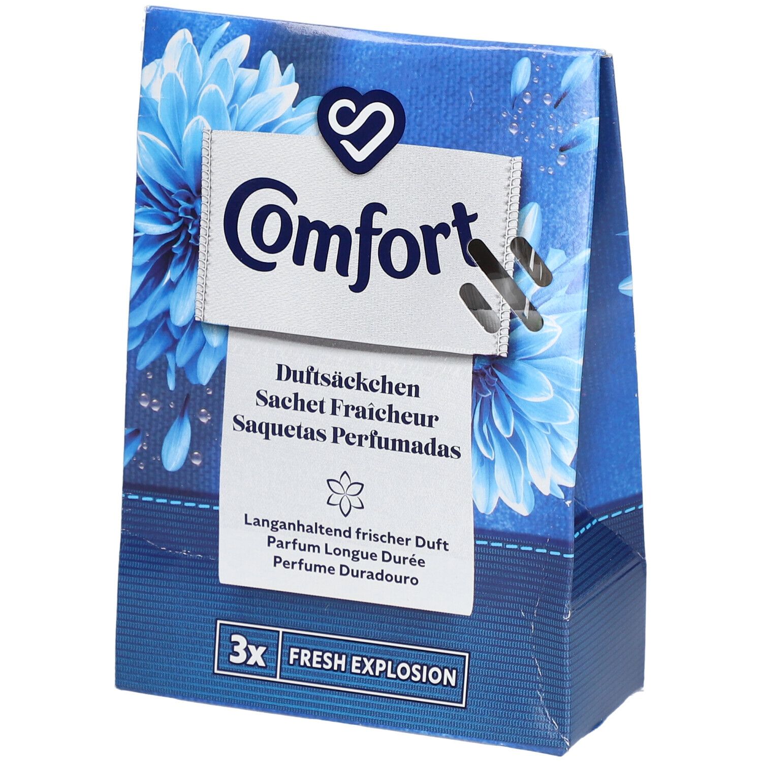 Blauw-witte verpakking met Comfort-logo en meertalige teksten. Opschrift: Fresh Explosion, 3x.