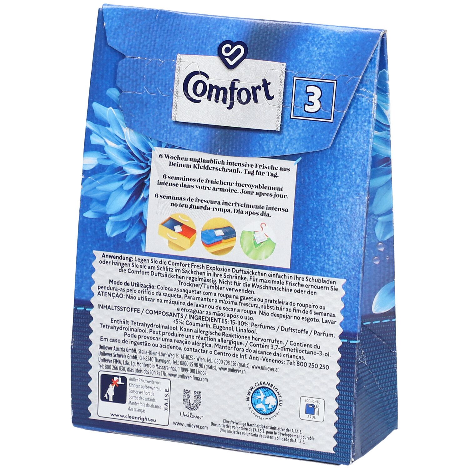 Achterkant van de blauwe verpakking met Comfort-logo. Meertalige tekst. Bevat instructies en ingrediënten.