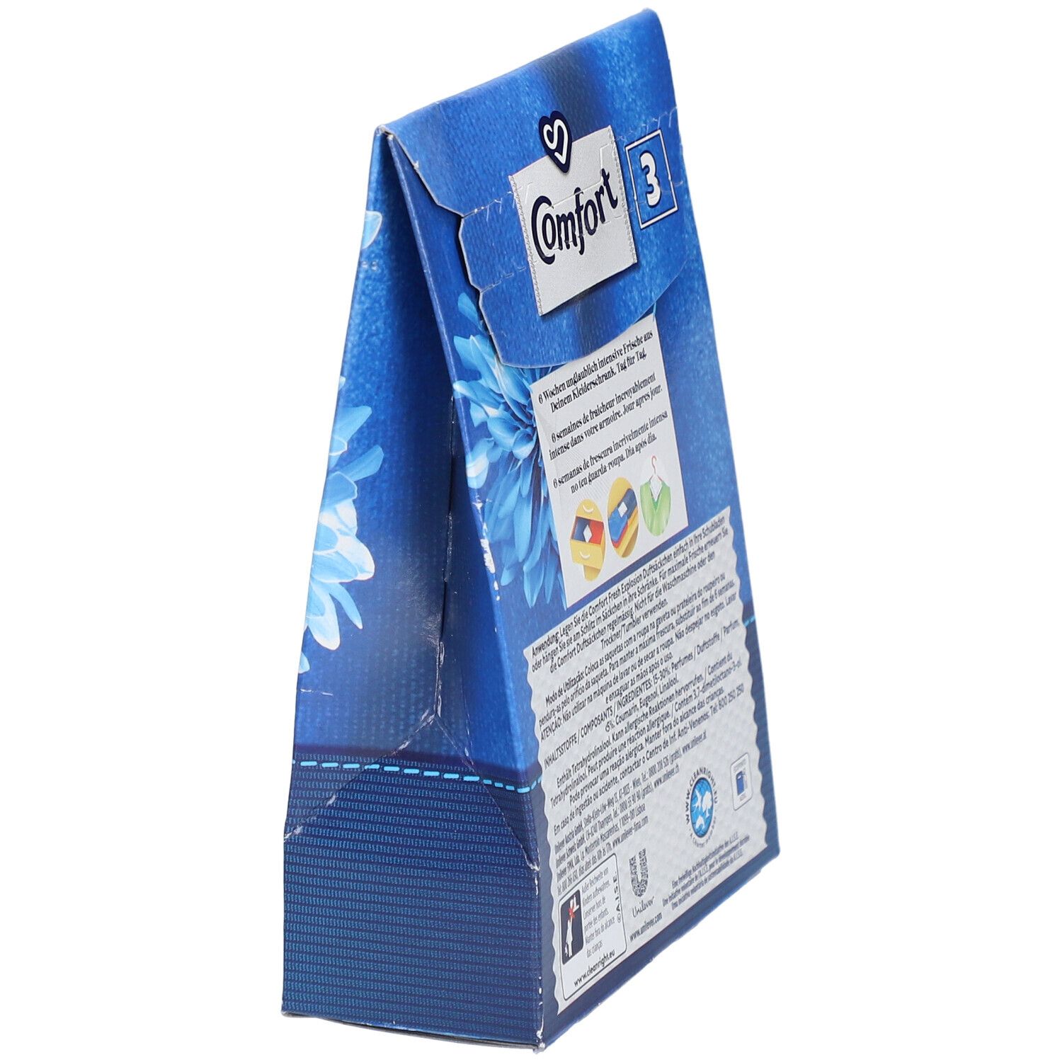 Schuine weergave van de blauwe verpakking met Comfort-logo. Meertalige tekst. Bevat instructies.