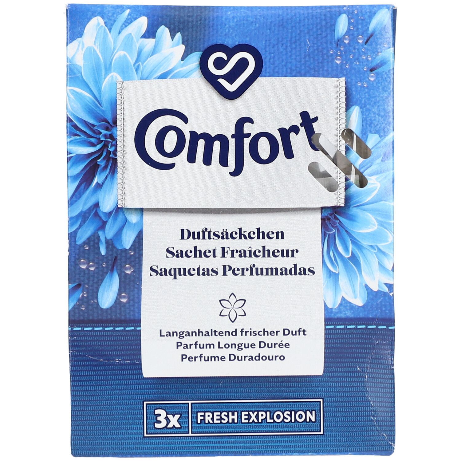 Blauw-witte verpakking met Comfort-logo en meertalige teksten. Opschrift: Fresh Explosion, 3x.