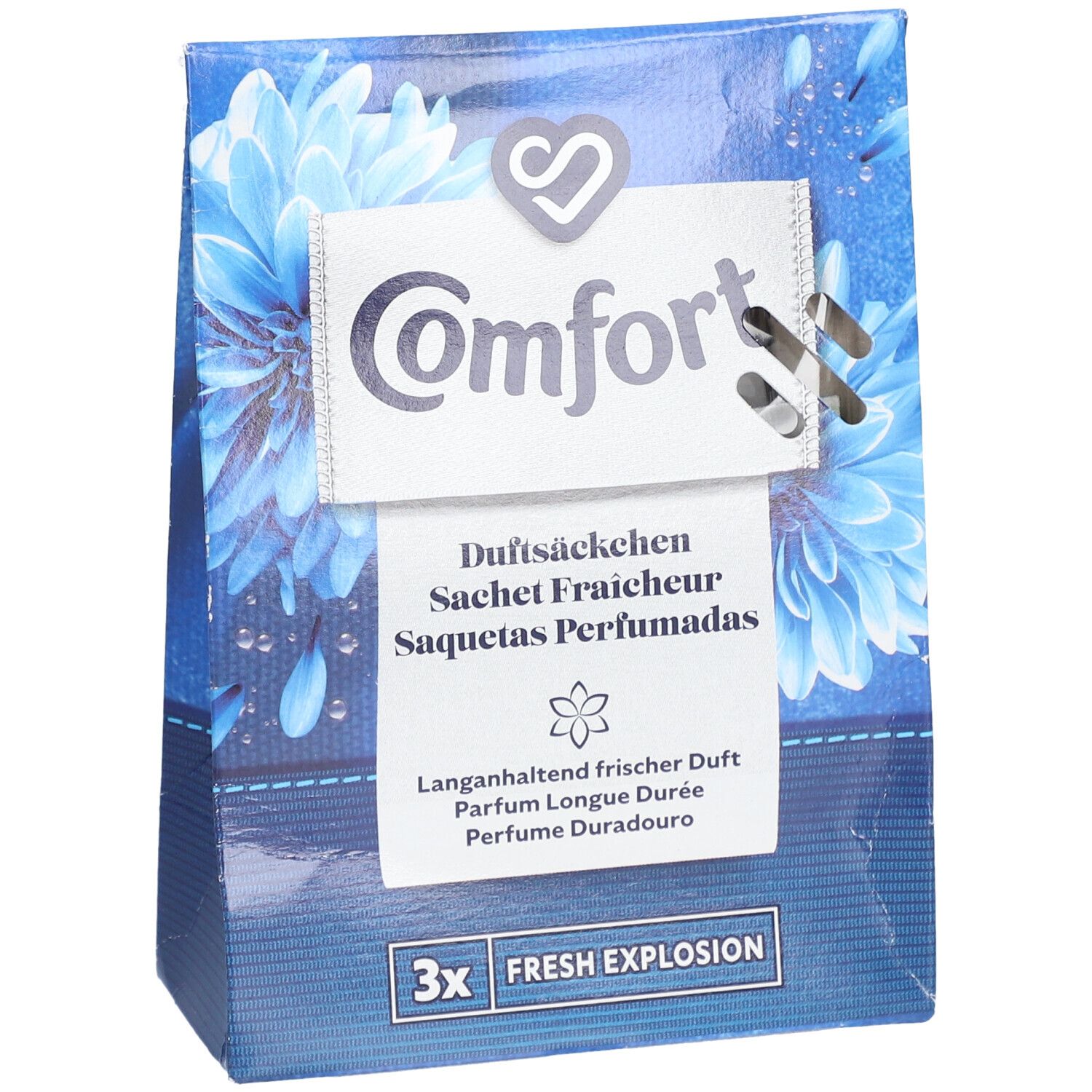 Blauwe verpakking met Comfort-logo en meertalige teksten. Opschrift: Fresh Explosion, 3x. Schuine weergave.