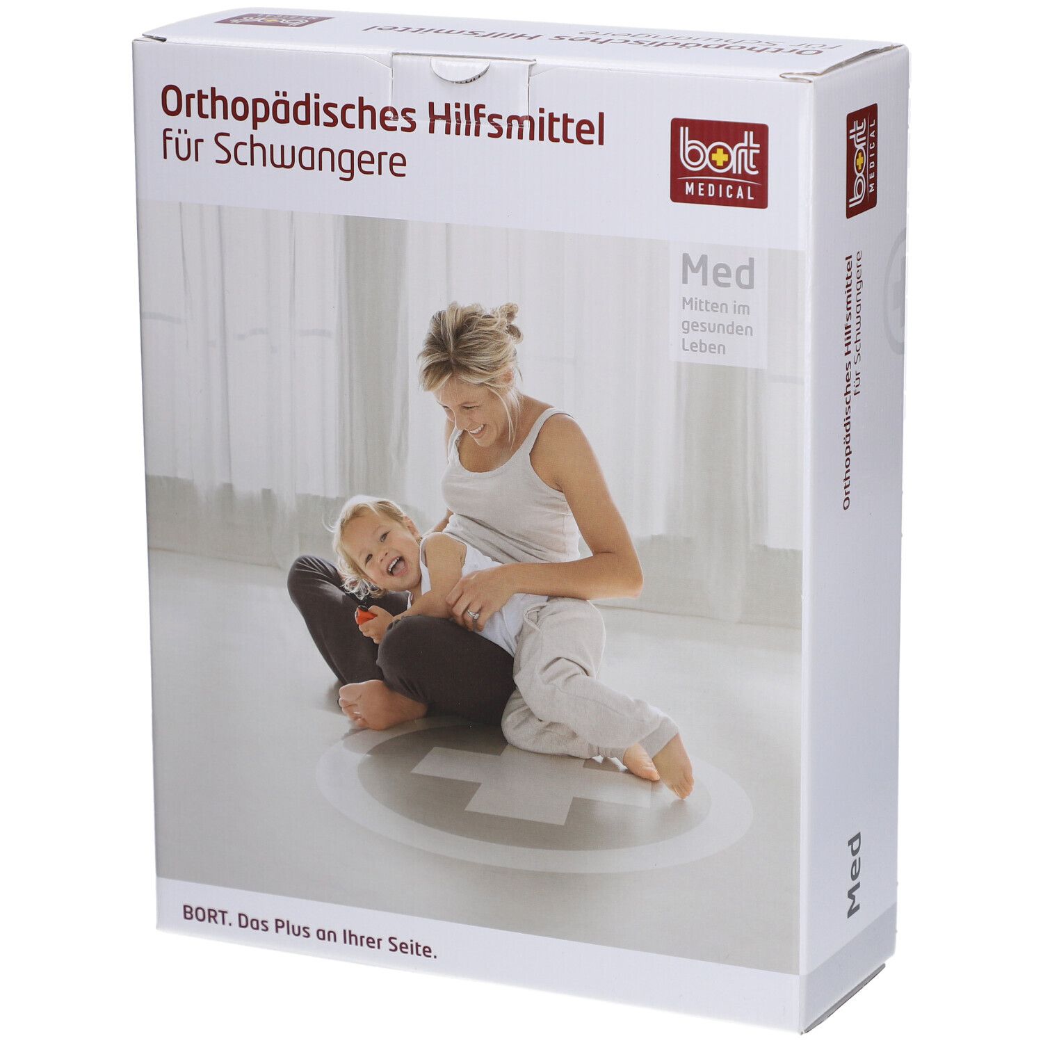 Emballage de BORT Abdominalstütze für Schwangere. Femme et enfant sur l'emballage. Texte: Orthopädisches Hilfsmittel für Schwangere.