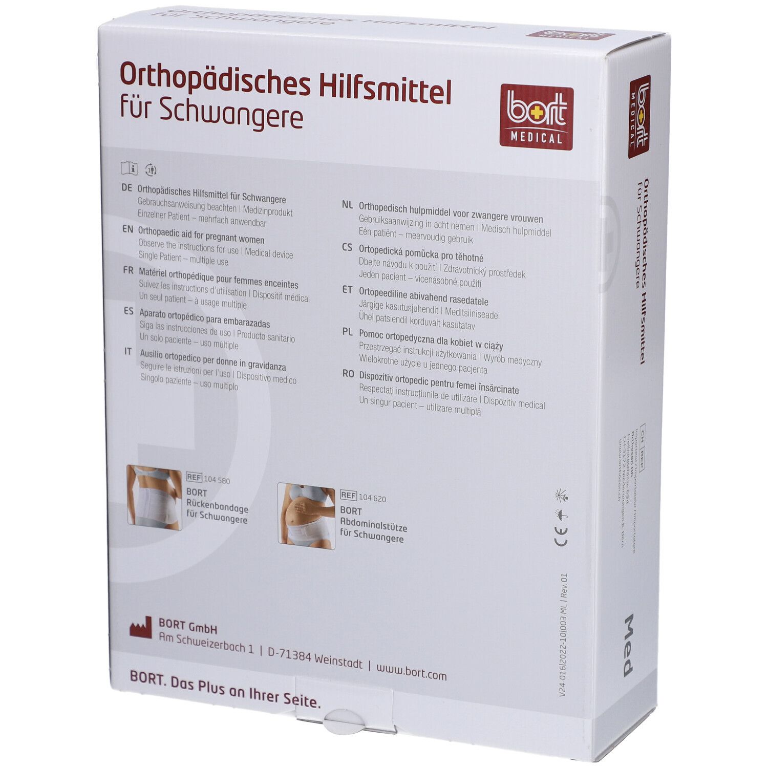 Dos de l'emballage de BORT Abdominalstütze für Schwangere. Texte multilingue. Illustrations du produit.