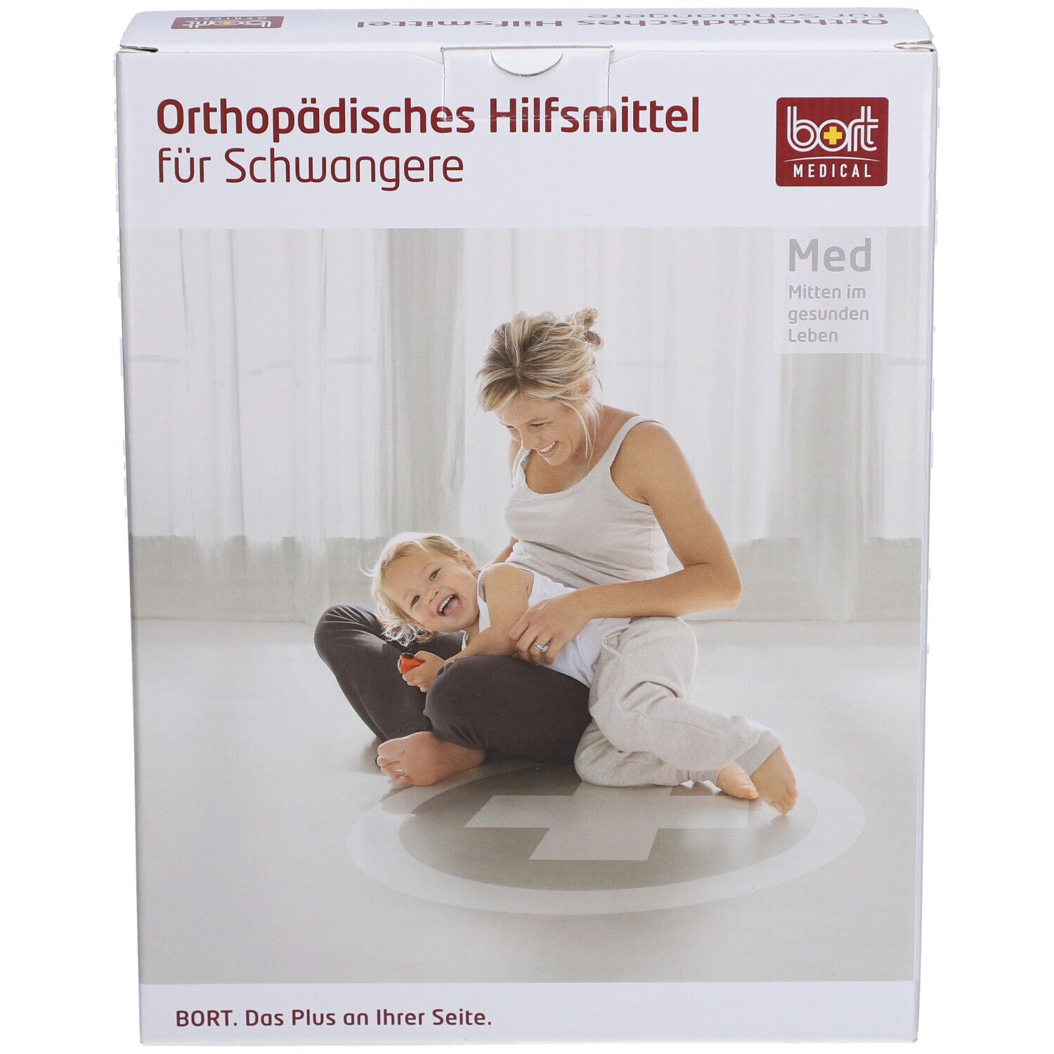 Emballage de BORT Abdominalstütze für Schwangere. Femme et enfant sur l'emballage. Texte: Orthopädisches Hilfsmittel für Schwangere.