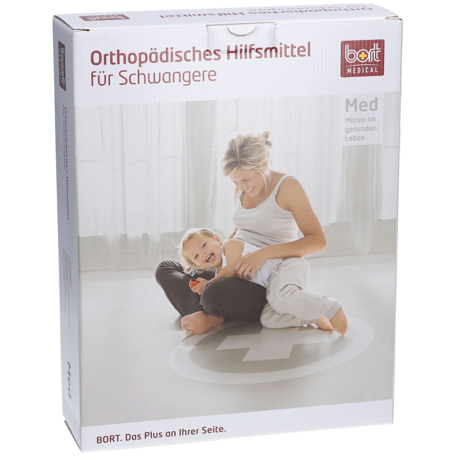 Emballage de BORT Abdominalstütze für Schwangere. Femme et enfant sur l'emballage. Texte: Orthopädisches Hilfsmittel für Schwangere.