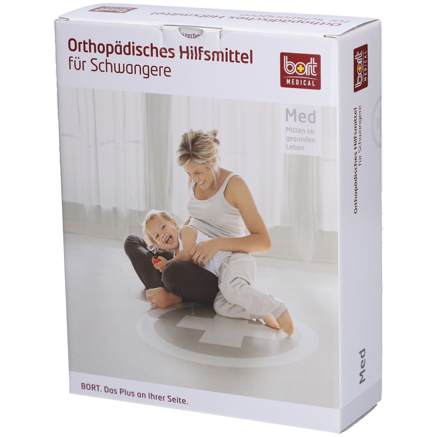 Verpackung BORT Abdominalstütze für Schwangere. Aufdruck: Orthopädisches Hilfsmittel, BORT MEDICAL, Frau mit Kind.