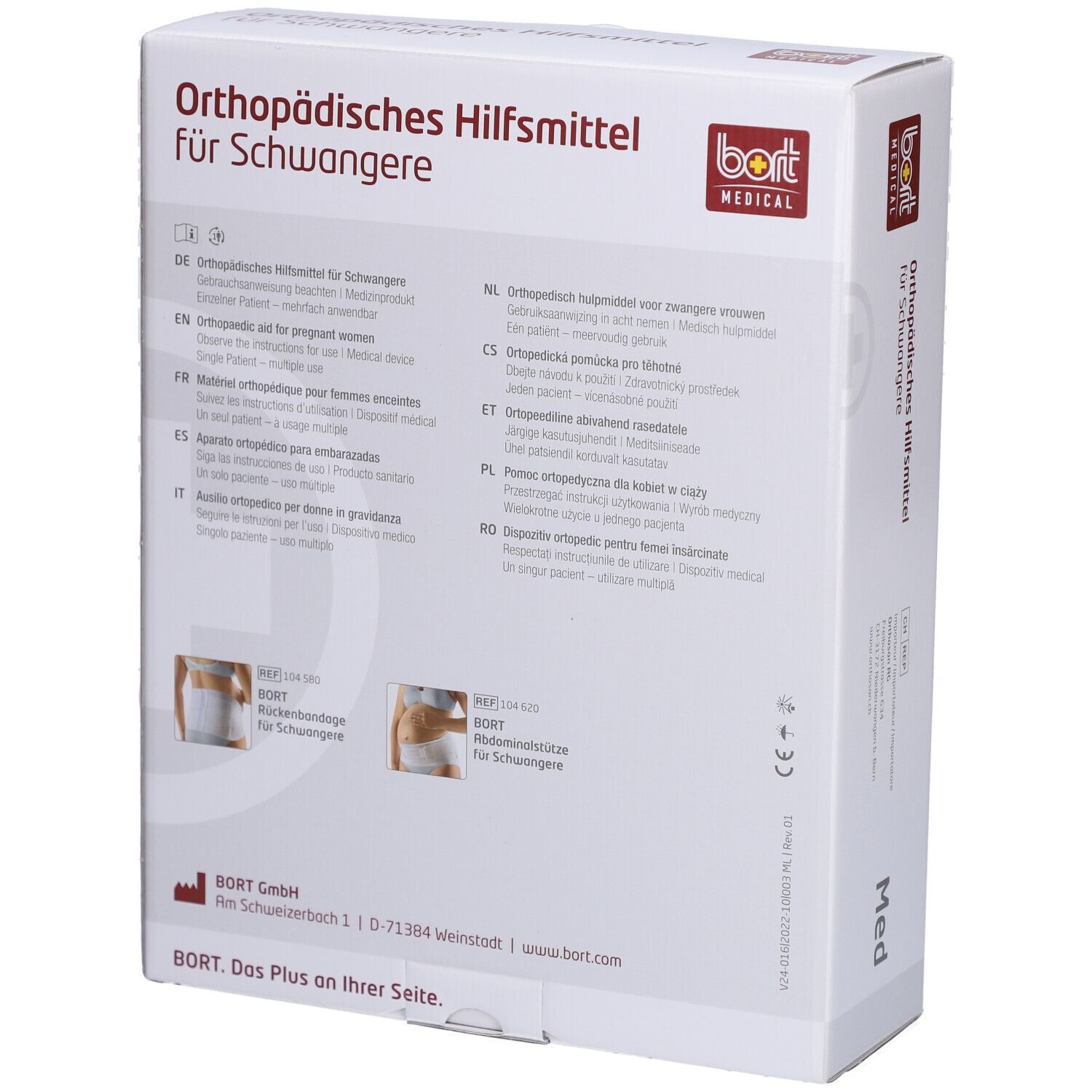 Rückseite der Verpackung BORT Abdominalstütze für Schwangere. Mehrsprachige Produktinformationen und Abbildungen.