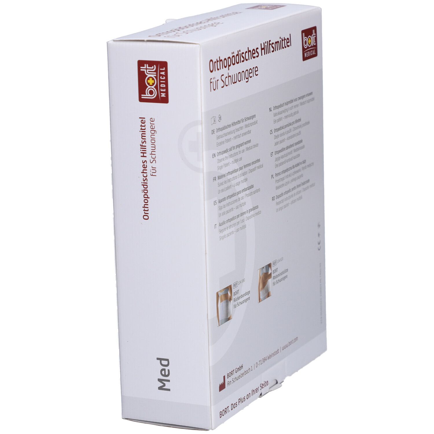 Seitenansicht der Verpackung BORT Abdominalstütze für Schwangere. Aufdruck: Orthopädisches Hilfsmittel, BORT MEDICAL, Produktabbildungen.