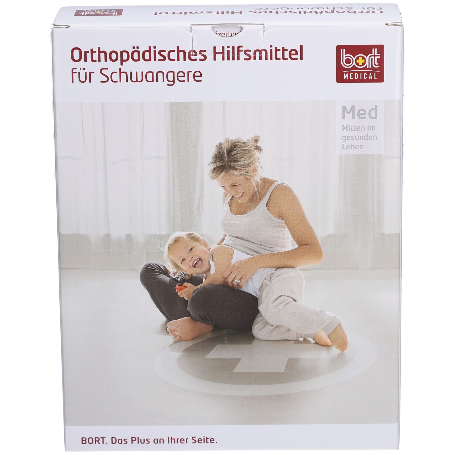 Verpackung BORT Abdominalstütze für Schwangere. Aufdruck: Orthopädisches Hilfsmittel, BORT MEDICAL, Frau mit Kind.