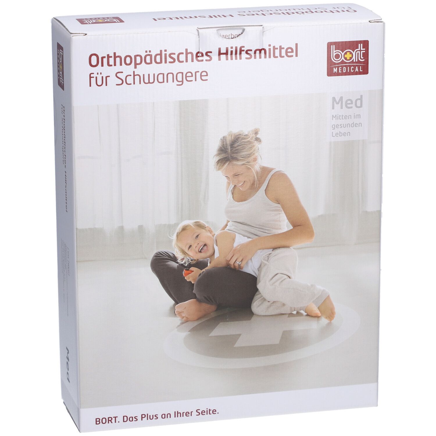 Verpackung BORT Abdominalstütze für Schwangere. Aufdruck: Orthopädisches Hilfsmittel, BORT MEDICAL, Frau mit Kind.