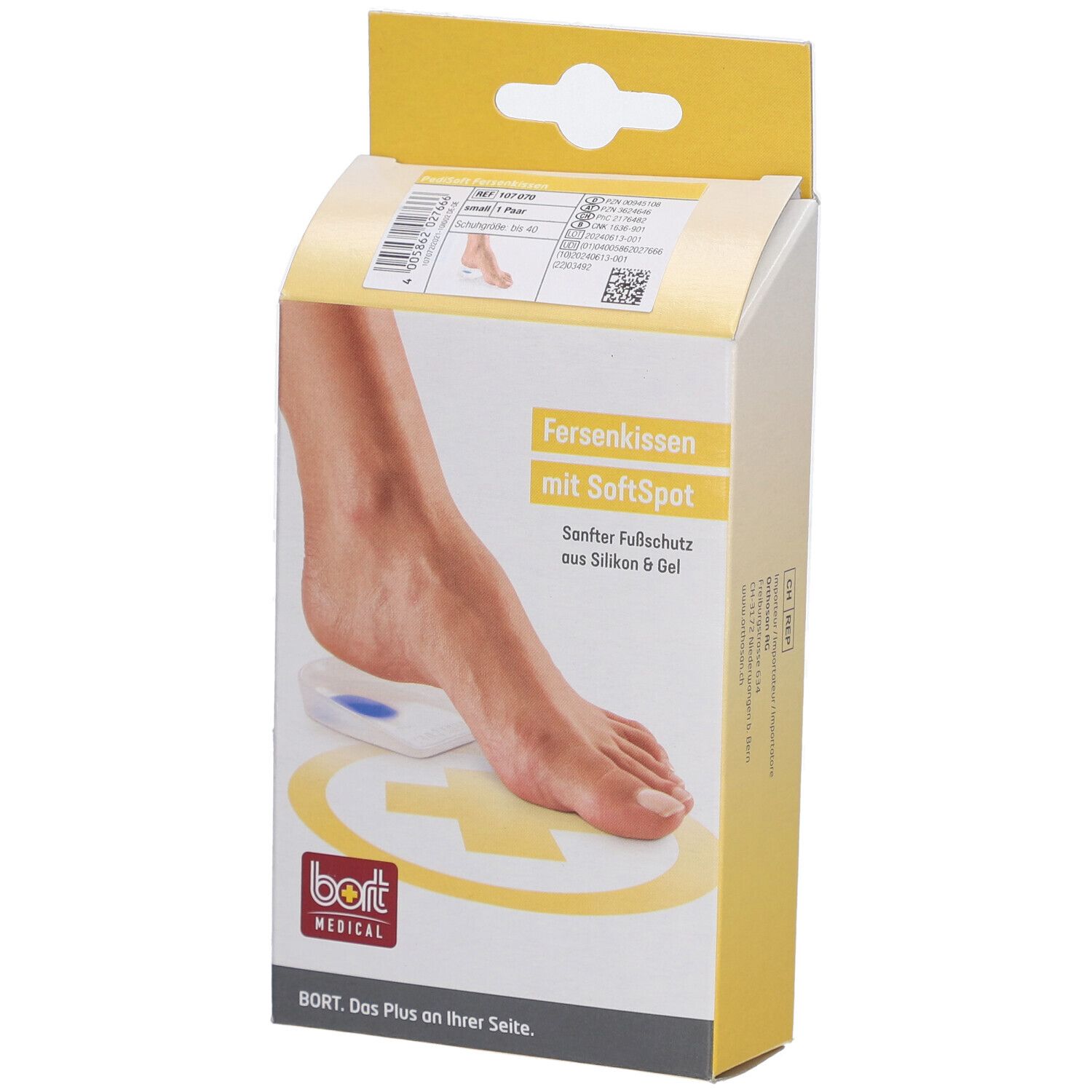 Verpackung mit Fersenkissen. Fuß auf gelbem Symbol. Text: Fersenkissen mit SoftSpot, bort MEDICAL.