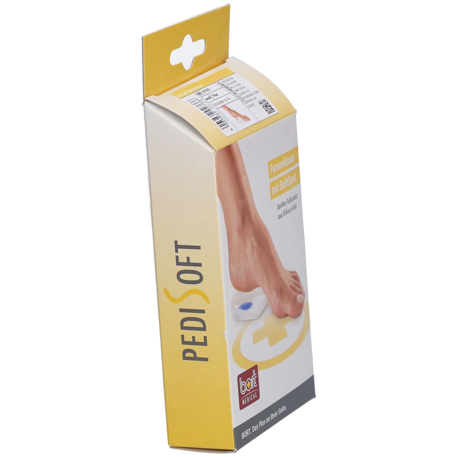 Schrägansicht der Verpackung. Text: PediSoft, Fersenkissen mit SoftSpot, bort MEDICAL.