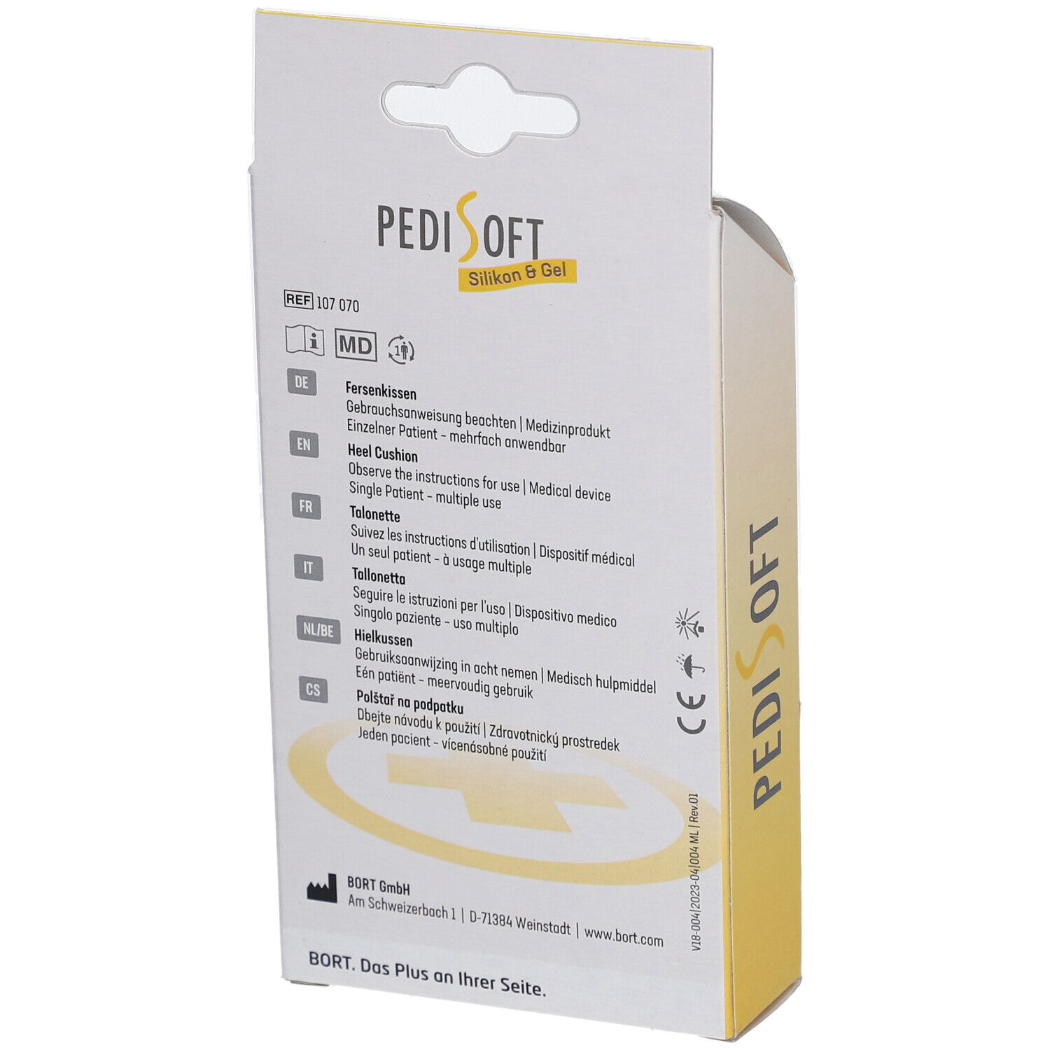 Rückseite der Verpackung. Text: PediSoft, Silikon & Gel. Gebrauchsanweisung, CE-Zeichen.
