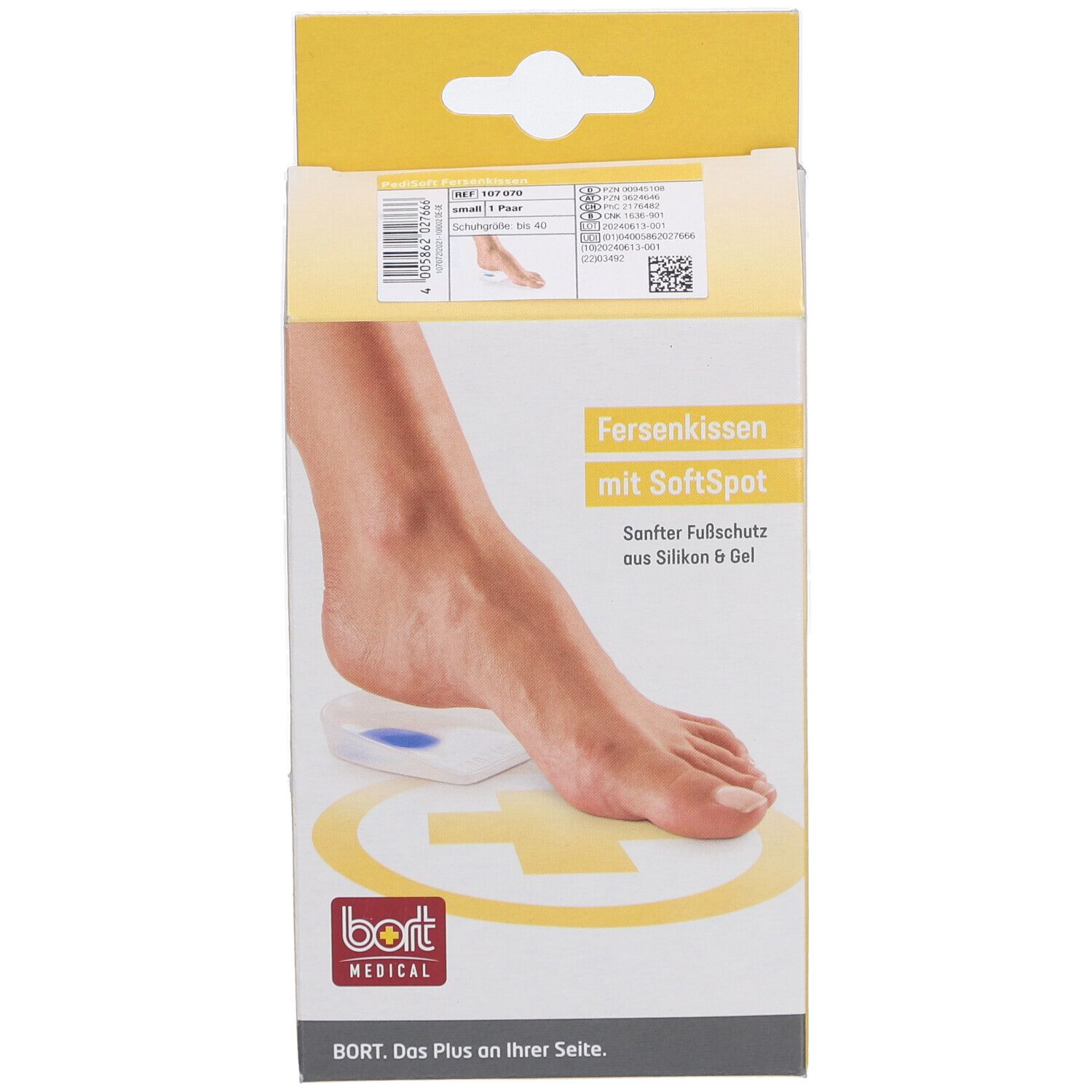 Verpackung mit Fersenkissen. Fuß auf gelbem Symbol. Text: Fersenkissen mit SoftSpot, bort MEDICAL.