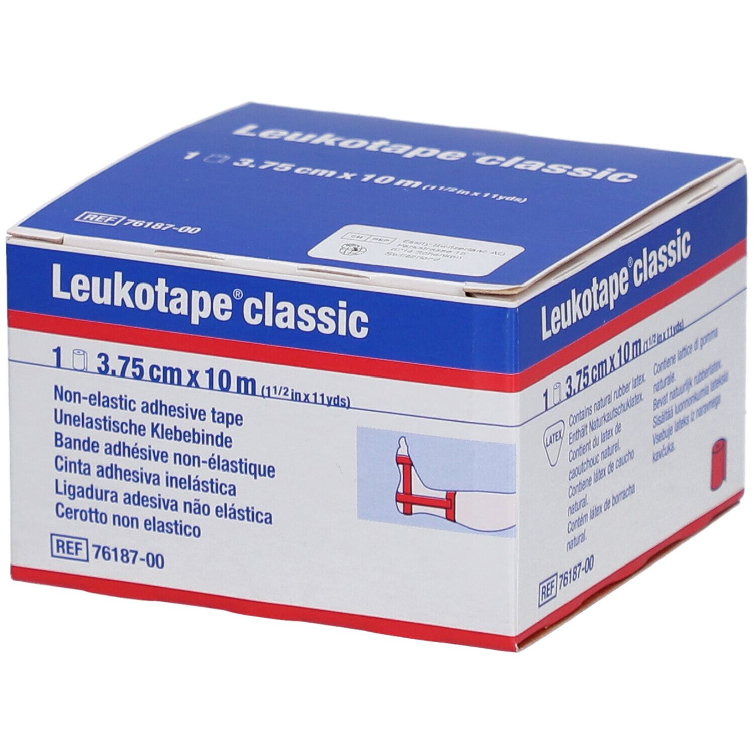 Blau-weiße Verpackung von Leukotape® classic. Enthält 3,75 cm x 10 m Klebeband. Aufdruck: Non-elastic adhesive tape.