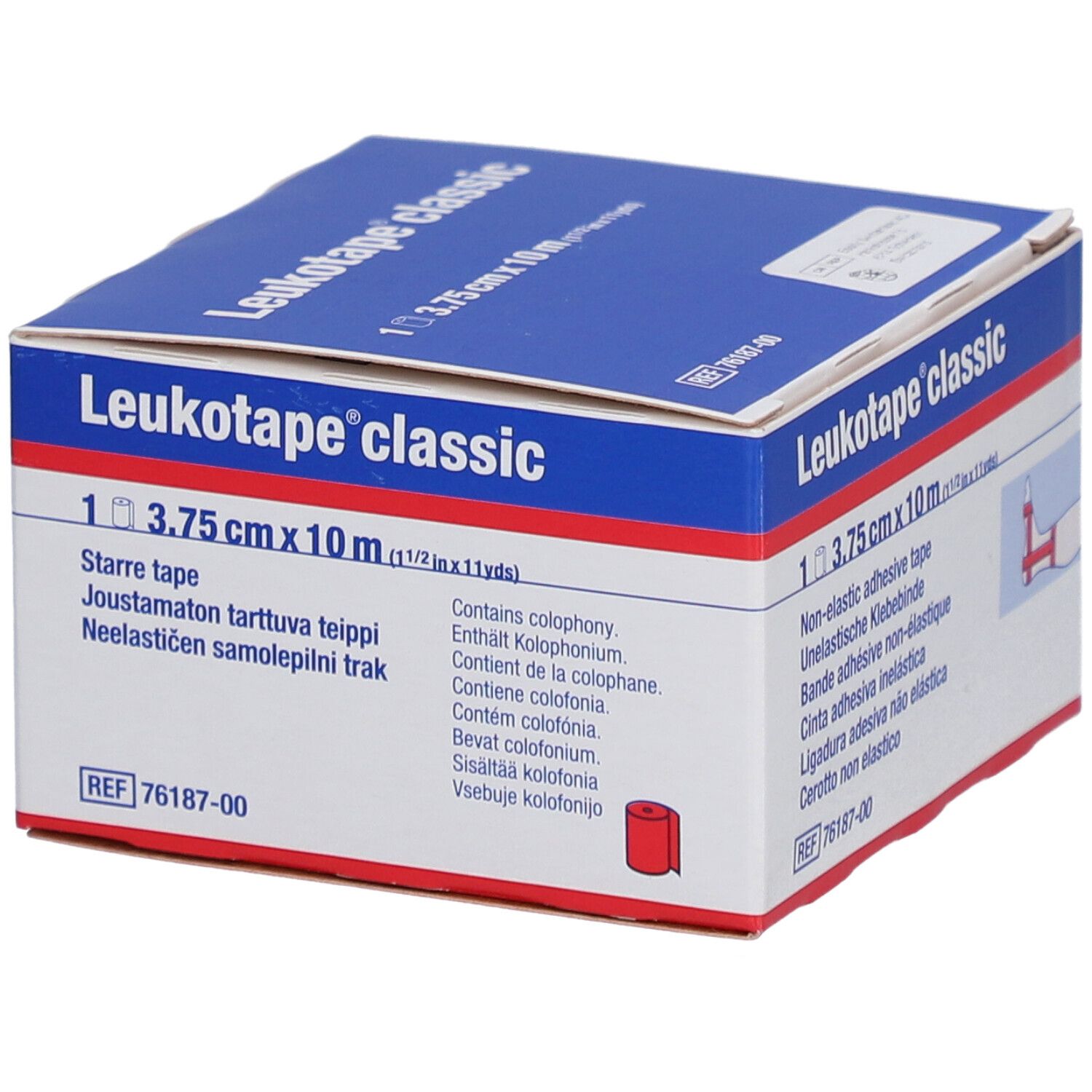 Blau-weiße Verpackung von Leukotape® classic. Enthält 3,75 cm x 10 m Klebeband. Aufdruck: Non-elastic adhesive tape. Enthält Kolophonium.