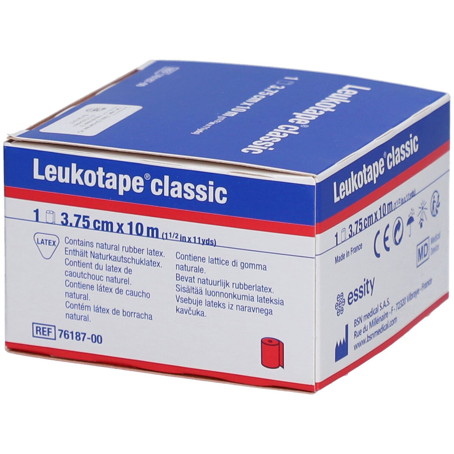 Blau-weiße Verpackung von Leukotape® classic. Enthält 3,75 cm x 10 m Klebeband. Aufdruck: Latex-Symbol. Enthält Naturlatex.
