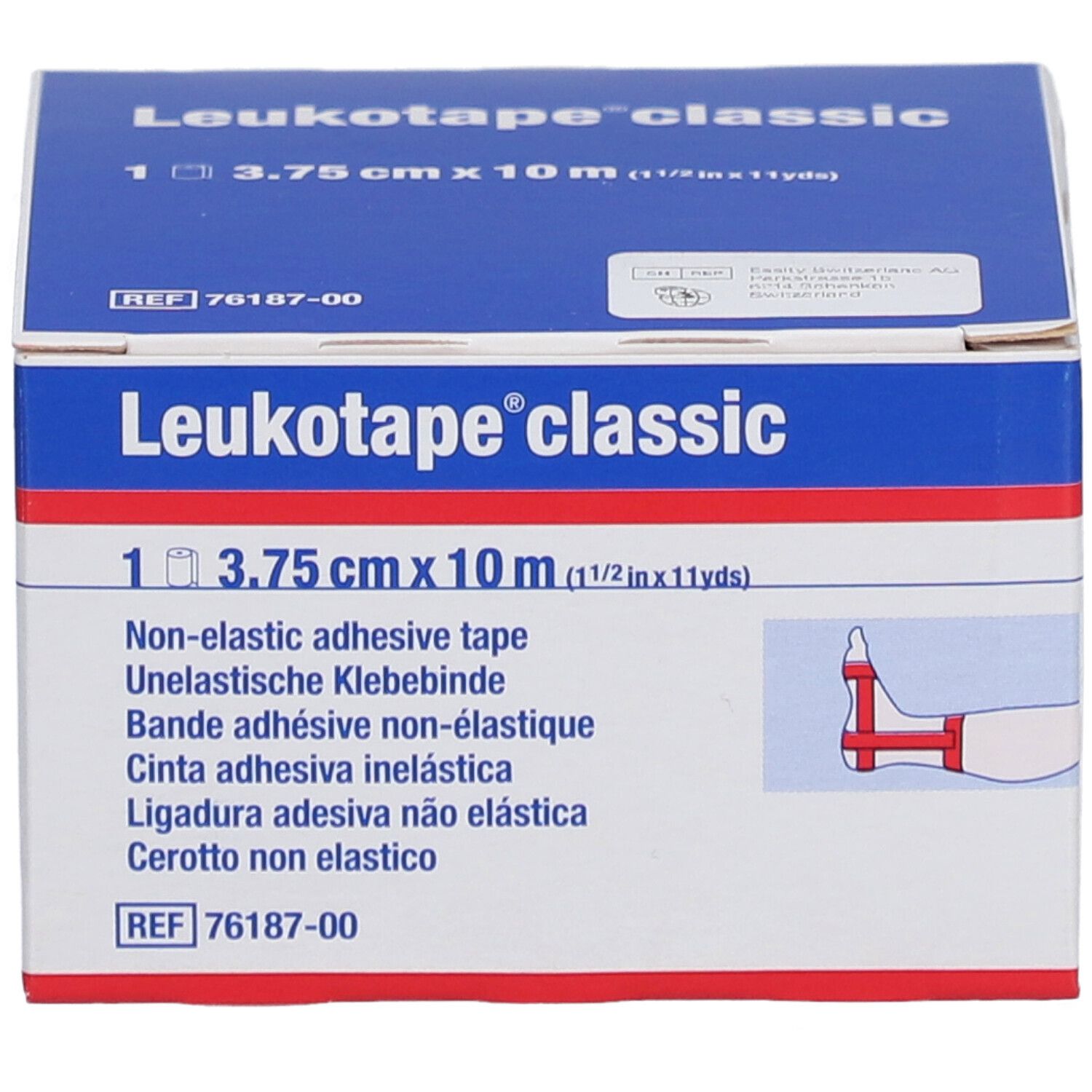 Blau-weiße Verpackung von Leukotape® classic. Enthält 3,75 cm x 10 m Klebeband. Aufdruck: Non-elastic adhesive tape. Illustration.