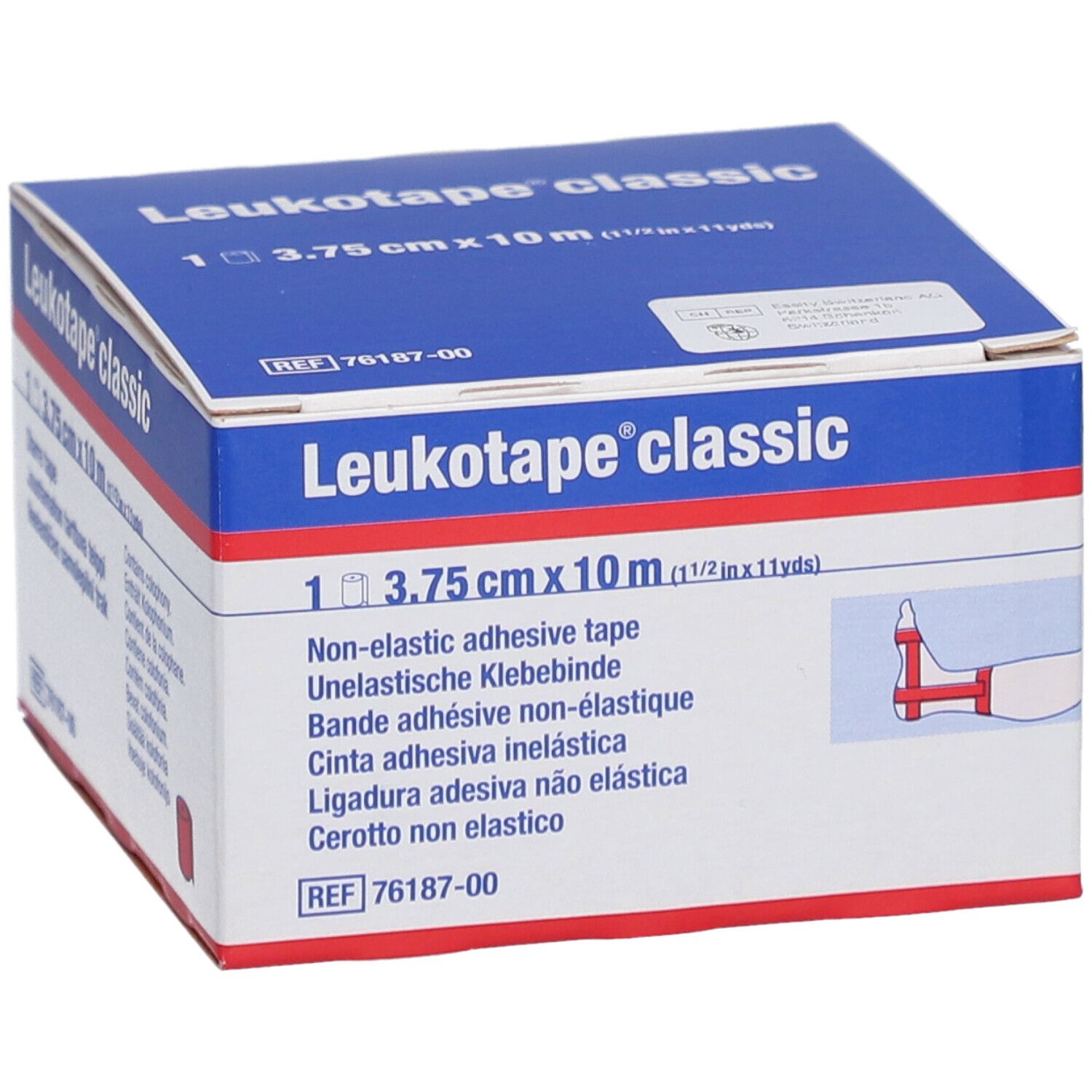 Blau-weiße Verpackung von Leukotape® classic. Enthält 3,75 cm x 10 m Klebeband. Aufdruck: Non-elastic adhesive tape. Illustration.