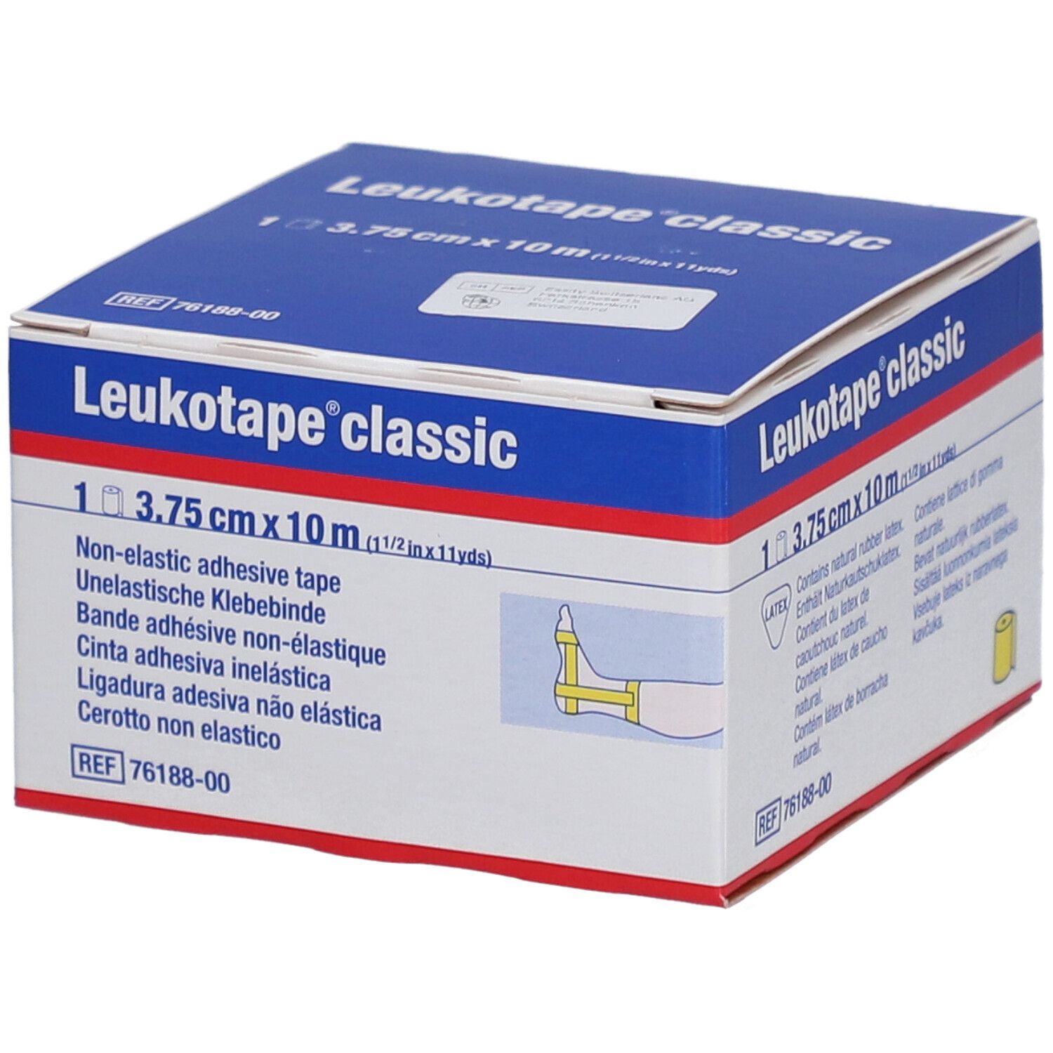Karton mit Leukotape classic. Aufschrift: 3,75 cm x 10 m. Nicht-elastisches Klebeband. Gelbe Abbildung.