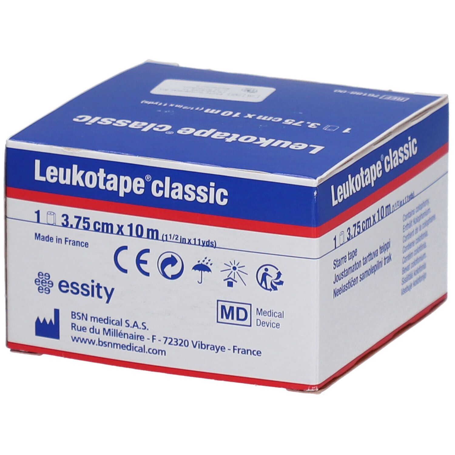 Karton Leukotape classic. Aufschrift: 3,75 cm x 10 m. CE-Kennzeichnung. Medizinprodukt. Adresse des Herstellers.