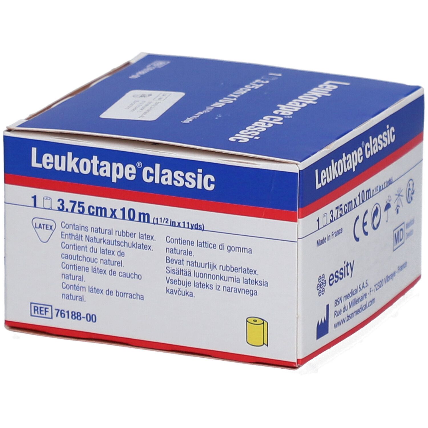Karton Leukotape classic. Aufschrift: 3,75 cm x 10 m. Enthält Naturlatex. CE-Kennzeichnung. Medizinprodukt.