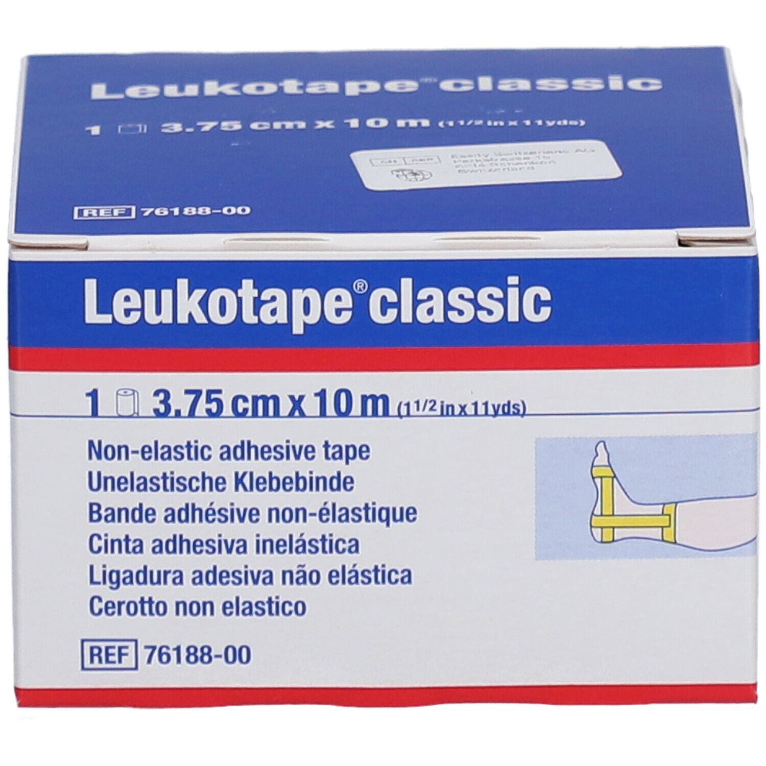 Karton Leukotape classic. Aufschrift: 3,75 cm x 10 m. Nicht-elastisches Klebeband. Illustration eines Fußes.