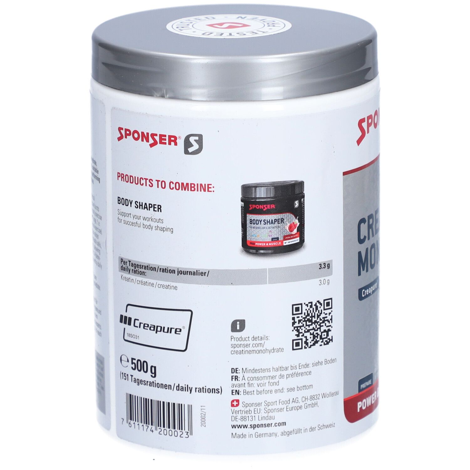 Rückseite der Dose SPONSER Creatine Monohydrate. Enthält Informationen zu Inhaltsstoffen, QR-Code und Produktinformationen.