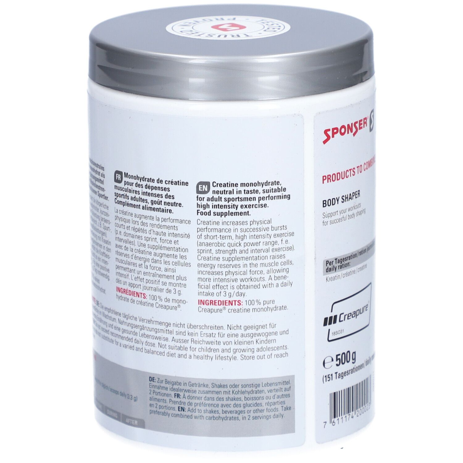 Rückseite der Dose SPONSER Creatine Monohydrate. Enthält Informationen zu Inhaltsstoffen und Anwendung in Deutsch und Englisch.