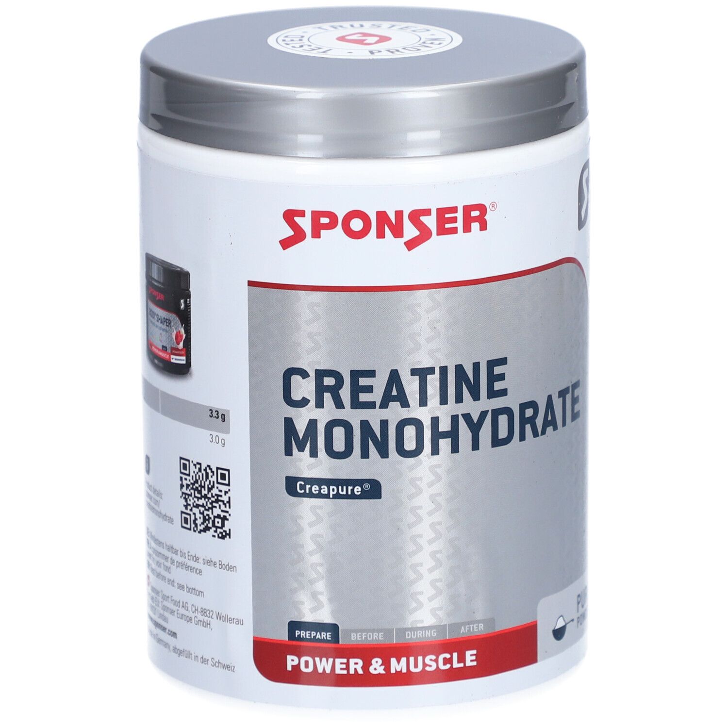 Weißes SPONSER Creatine Monohydrate-Pulver in Dose. Deckel silberfarben. Aufschrift: Creatine Monohydrate, Creapure, Power & Muscle.