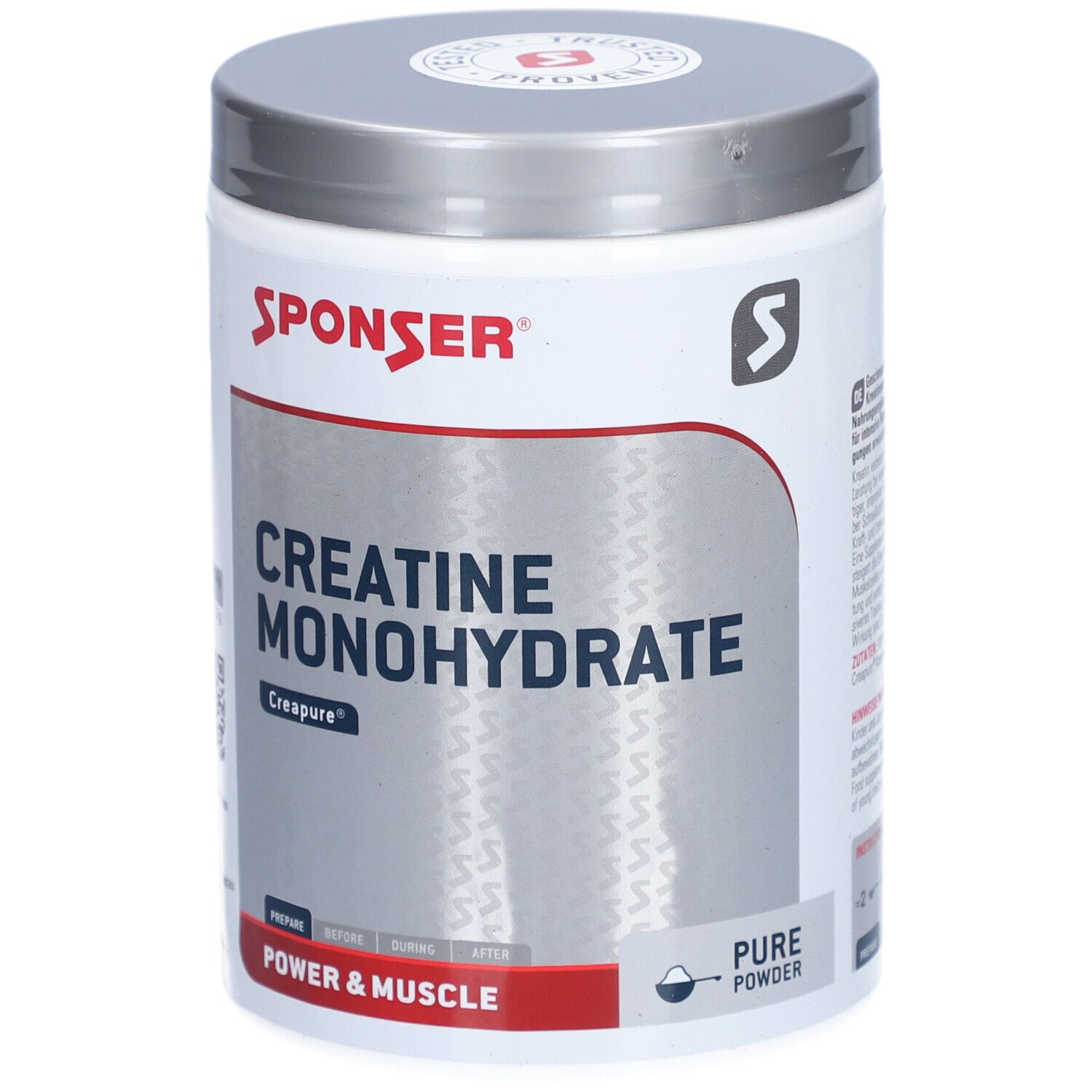 Weißes SPONSER Creatine Monohydrate-Pulver in Dose. Deckel silberfarben. Aufschrift: Creatine Monohydrate, Creapure, Power & Muscle.