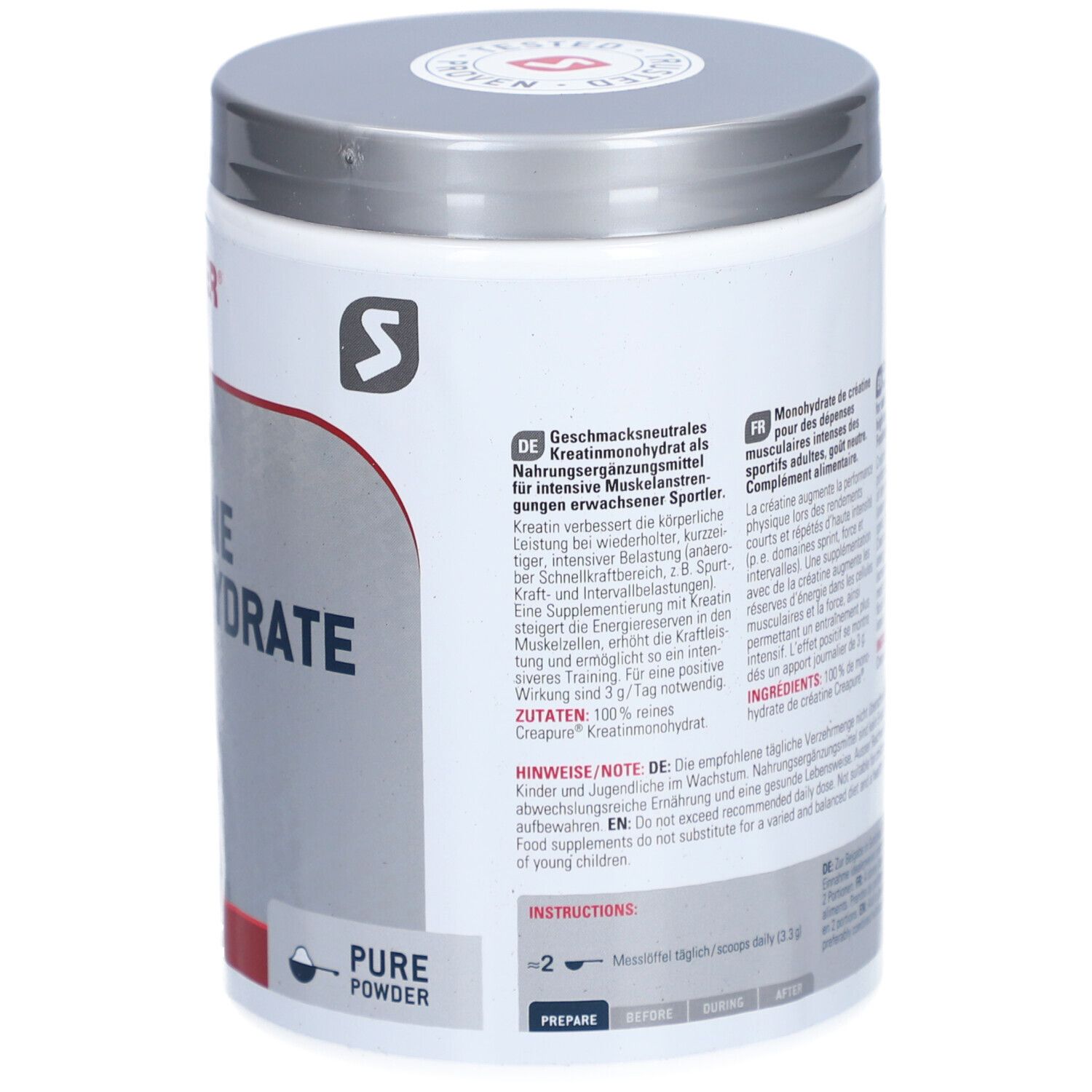 Rückseite der Dose SPONSER Creatine Monohydrate. Enthält Informationen zu Inhaltsstoffen und Anwendung in Deutsch und Englisch.