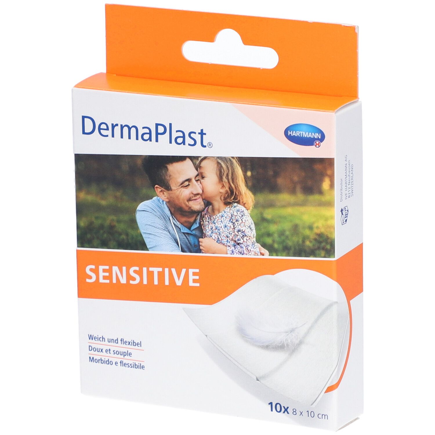 Verpackung von Dermaplast Sensitivpflaster. Zeigt ein Foto von Vater und Kind. Enthält 10 Pflaster, 8 x 10 cm.