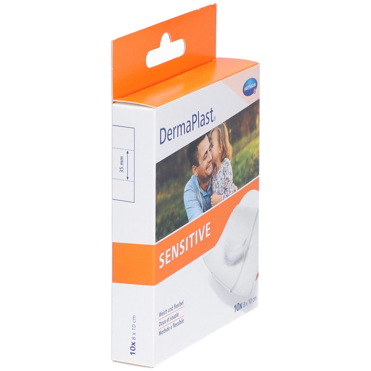Dermaplast Sensitiv Pflaster-Verpackung, seitliche Ansicht. Zeigt ein Foto von Vater und Kind. 10 Pflaster, 8 x 10 cm.