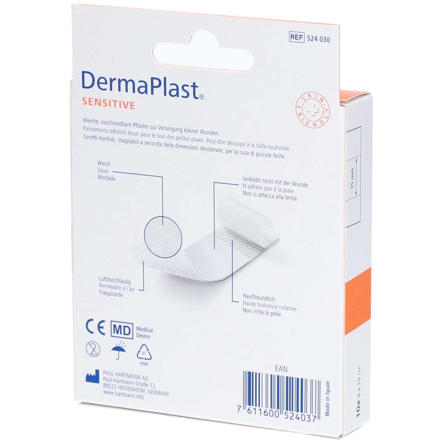 Rückseite der Dermaplast Sensitiv Pflaster-Verpackung. Enthält Informationen zu den Pflastern und CE-Kennzeichnung.