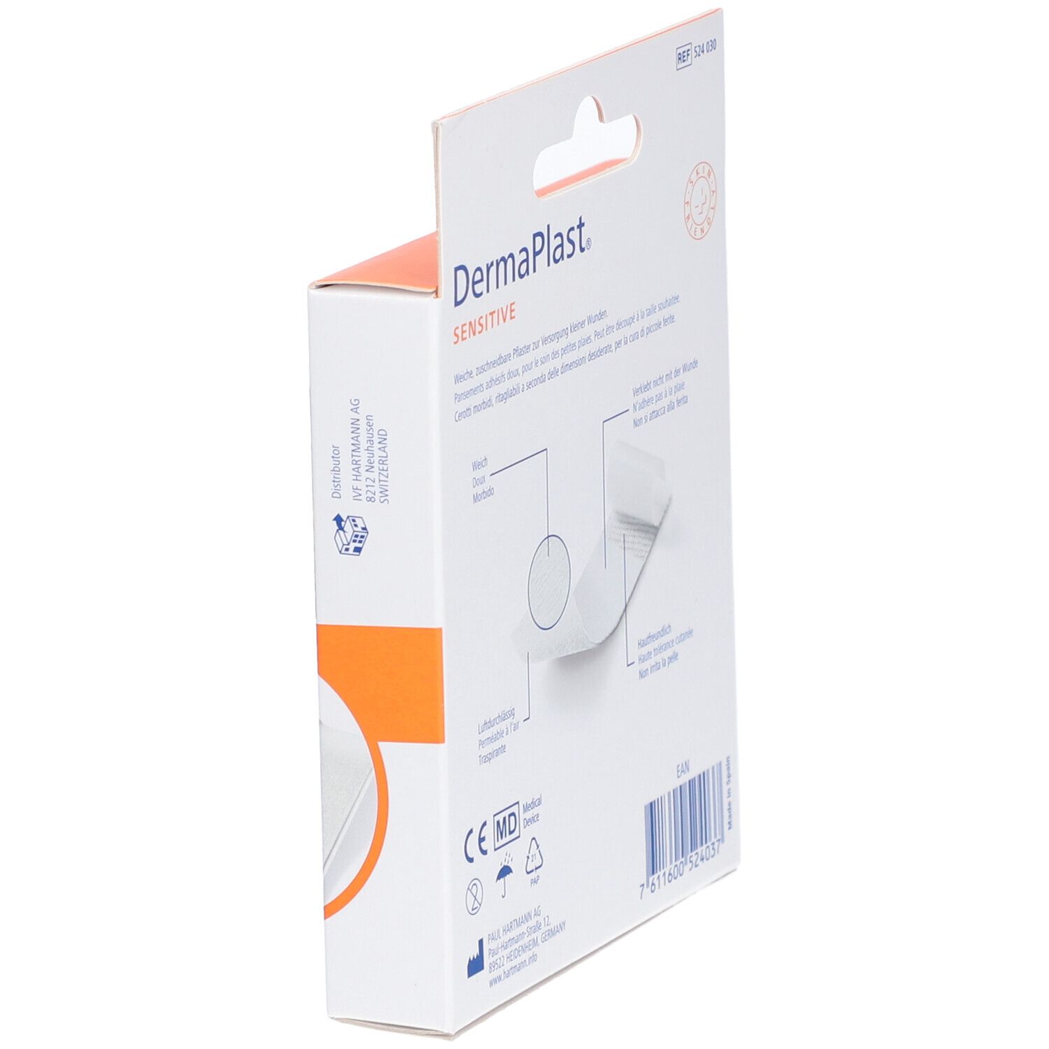 Rückseite der Dermaplast Sensitiv Pflaster-Verpackung. Zeigt Informationen und CE-Kennzeichnung.