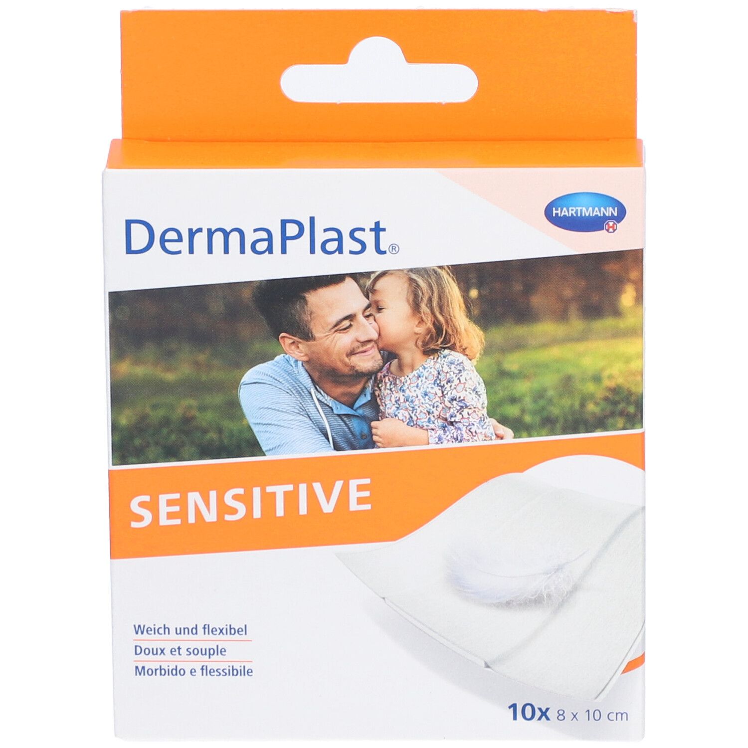 Vorderseite der Dermaplast Sensitiv Pflaster-Verpackung. Zeigt ein Foto von Vater und Kind. 10 Pflaster, 8 x 10 cm.