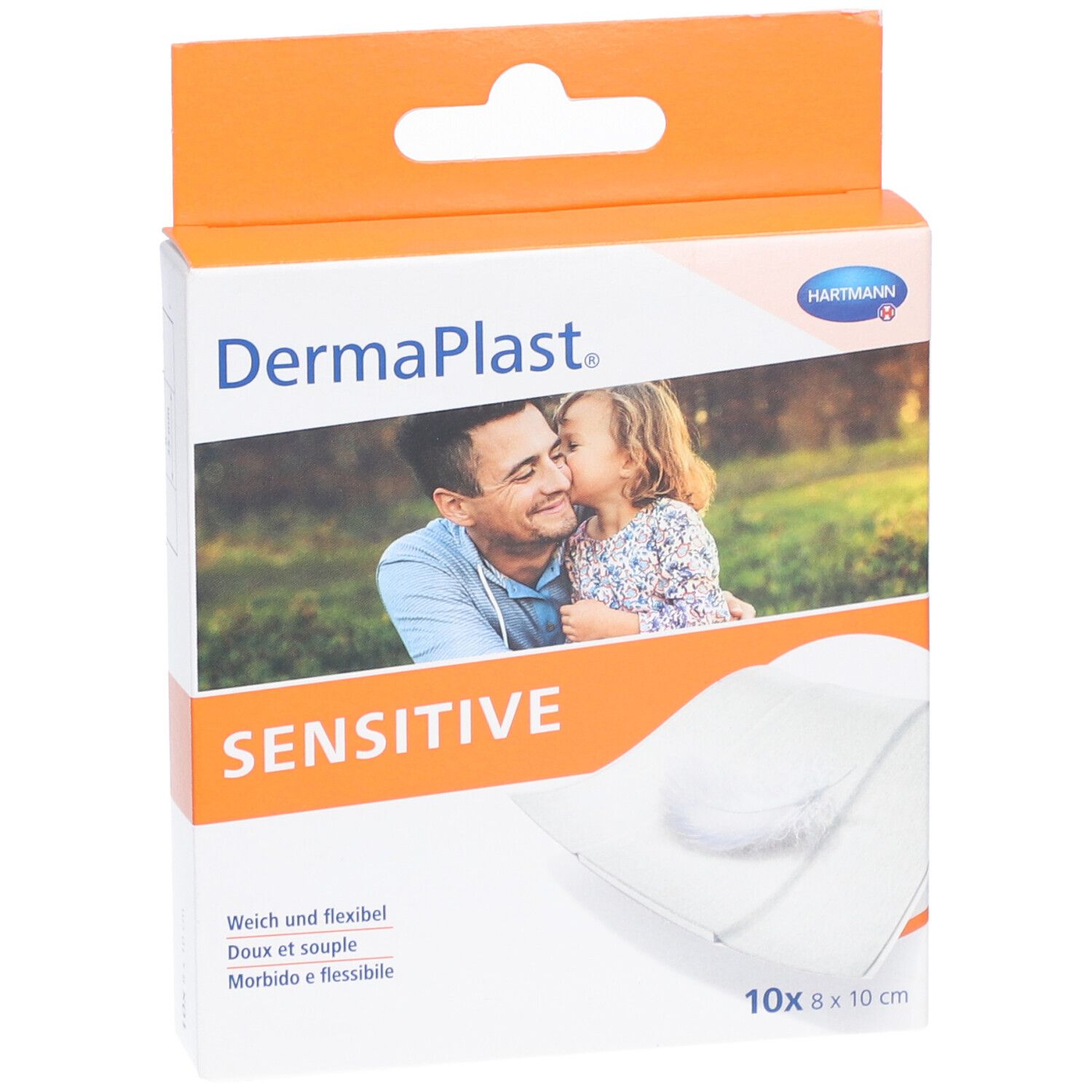 Vorderseite der Dermaplast Sensitiv Pflaster-Verpackung. Zeigt ein Foto von Vater und Kind. 10 Pflaster, 8 x 10 cm.