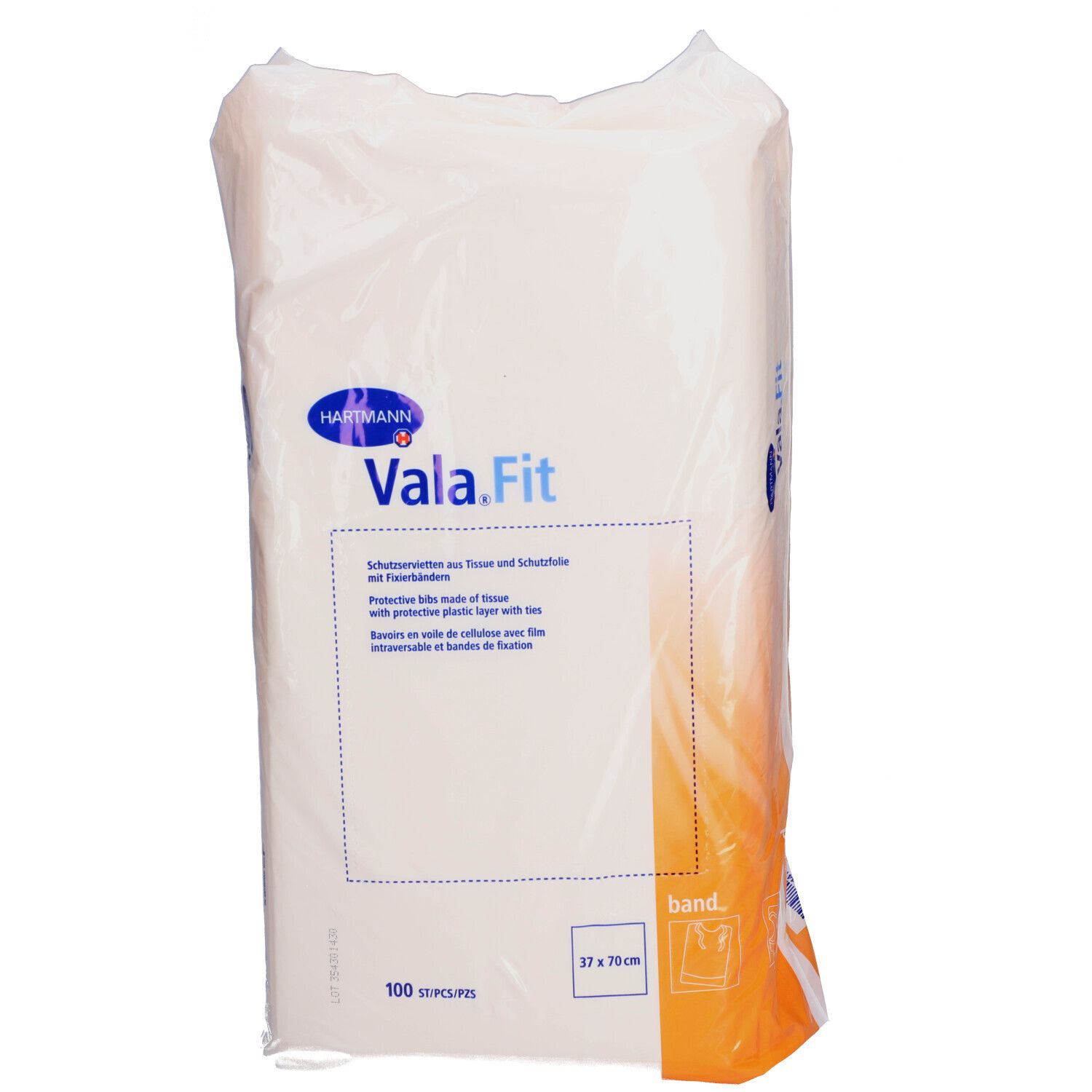 Emballage de bavoirs de protection Vala.Fit. 100 pièces. Dimensions 38 x 70 cm. Emballage plastique.