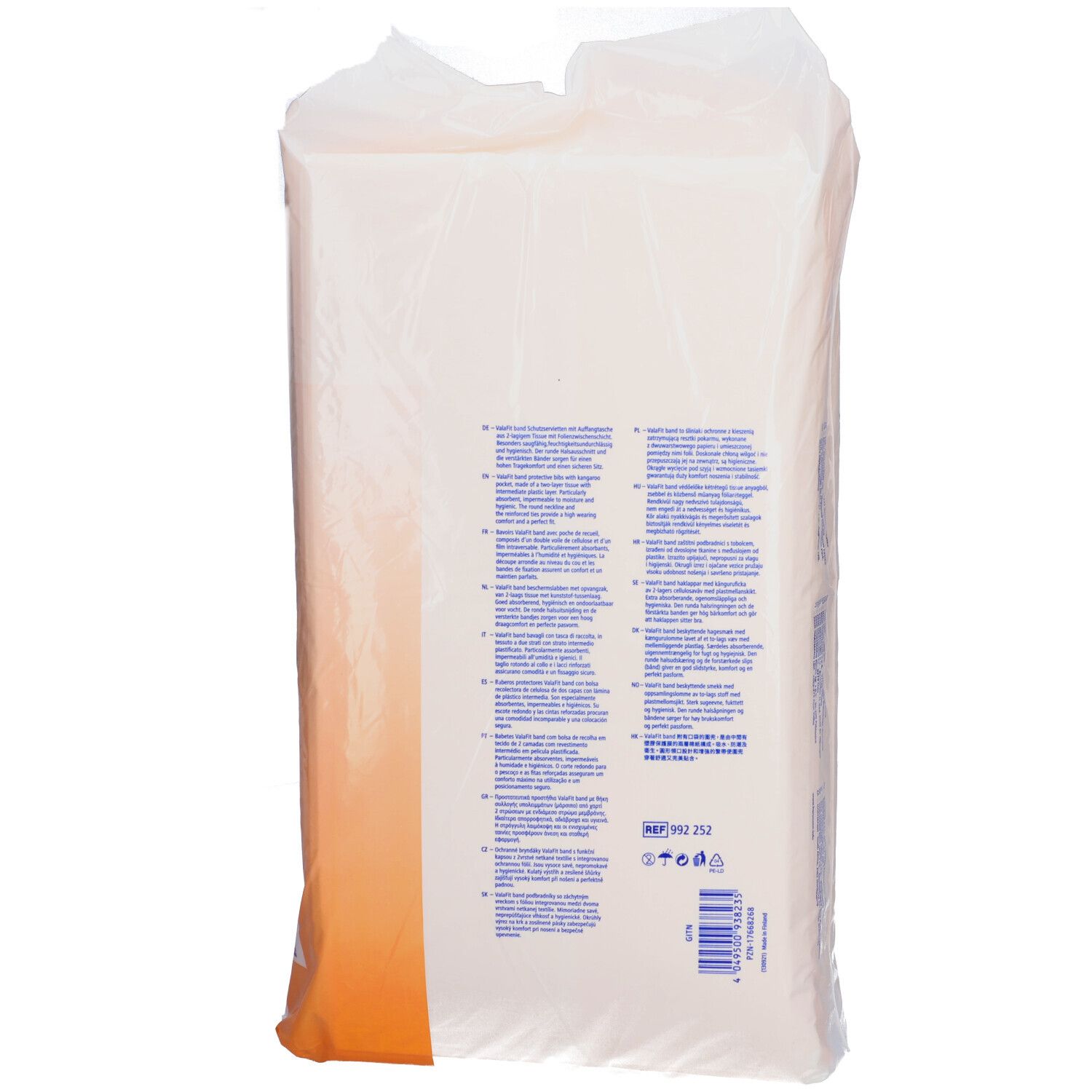 Dos de l'emballage de bavoirs de protection. Texte multilingue. Bande orange.