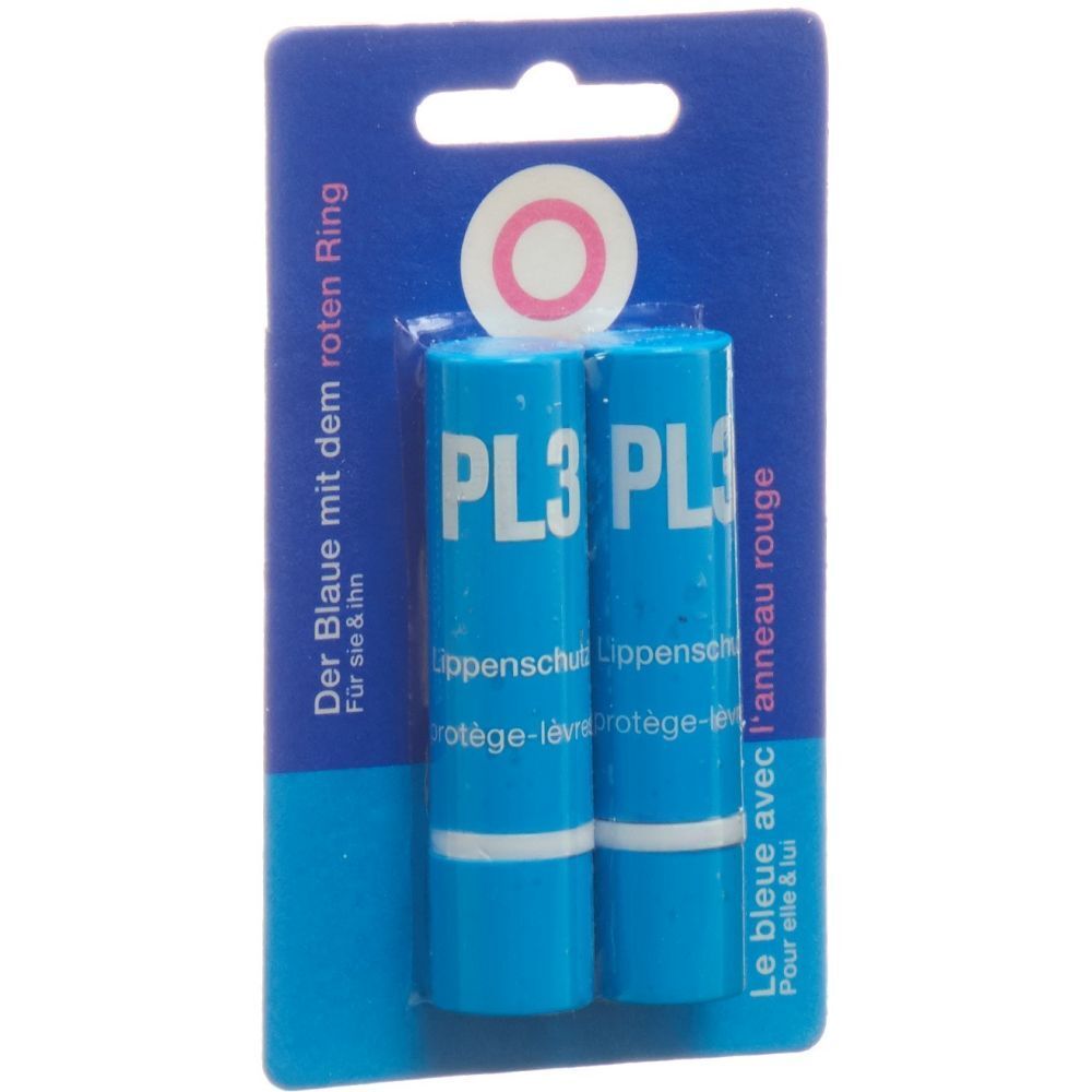 Zwei blaue Lippenpflegestifte in Blisterverpackung. Aufdruck: PL3, Lippenschutz. Oben: roter Ring. Verpackung mit Aufhänger.