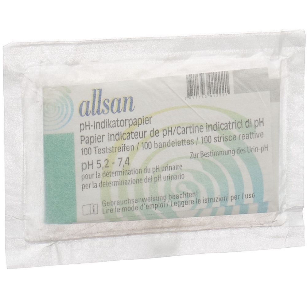 Verpackung mit pH-Indikatorpapier. Aufschrift: allsan, pH 5,2-7,4, 100 Teststreifen. In Folie verpackt.