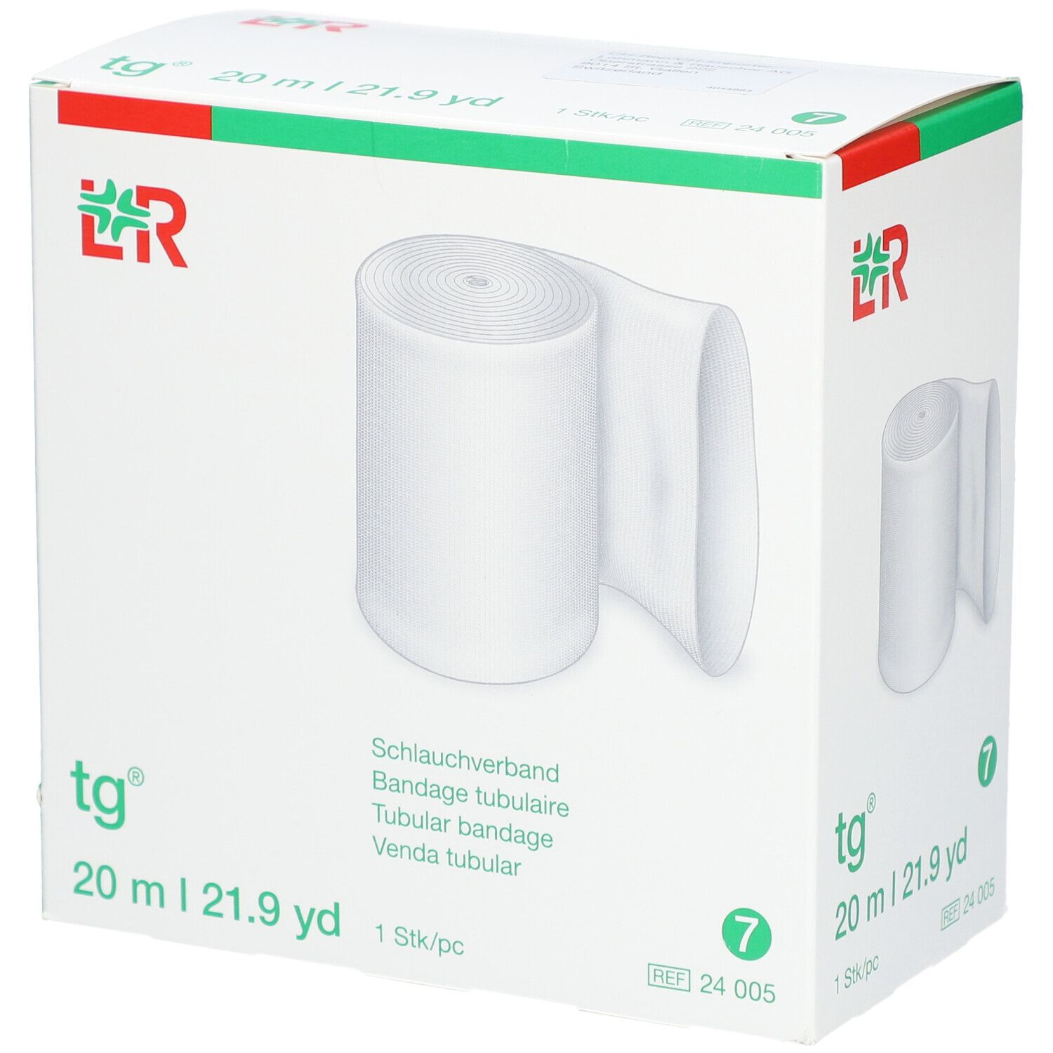 Weißer Schlauchverband in Verpackung. Aufdruck: tg®, 20 m, 7. Produktbezeichnung und Logo.