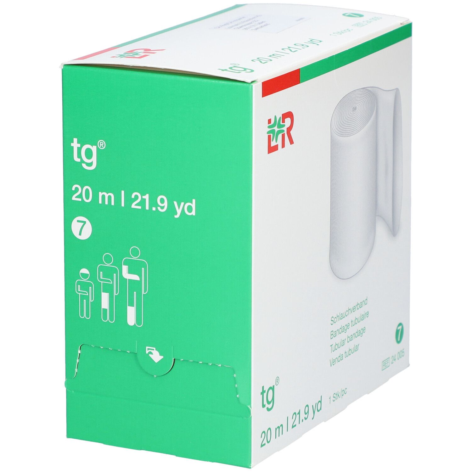 Grüne Verpackung mit weißem Schlauchverband. Aufdruck: tg®, 20 m, 7. Piktogramme.