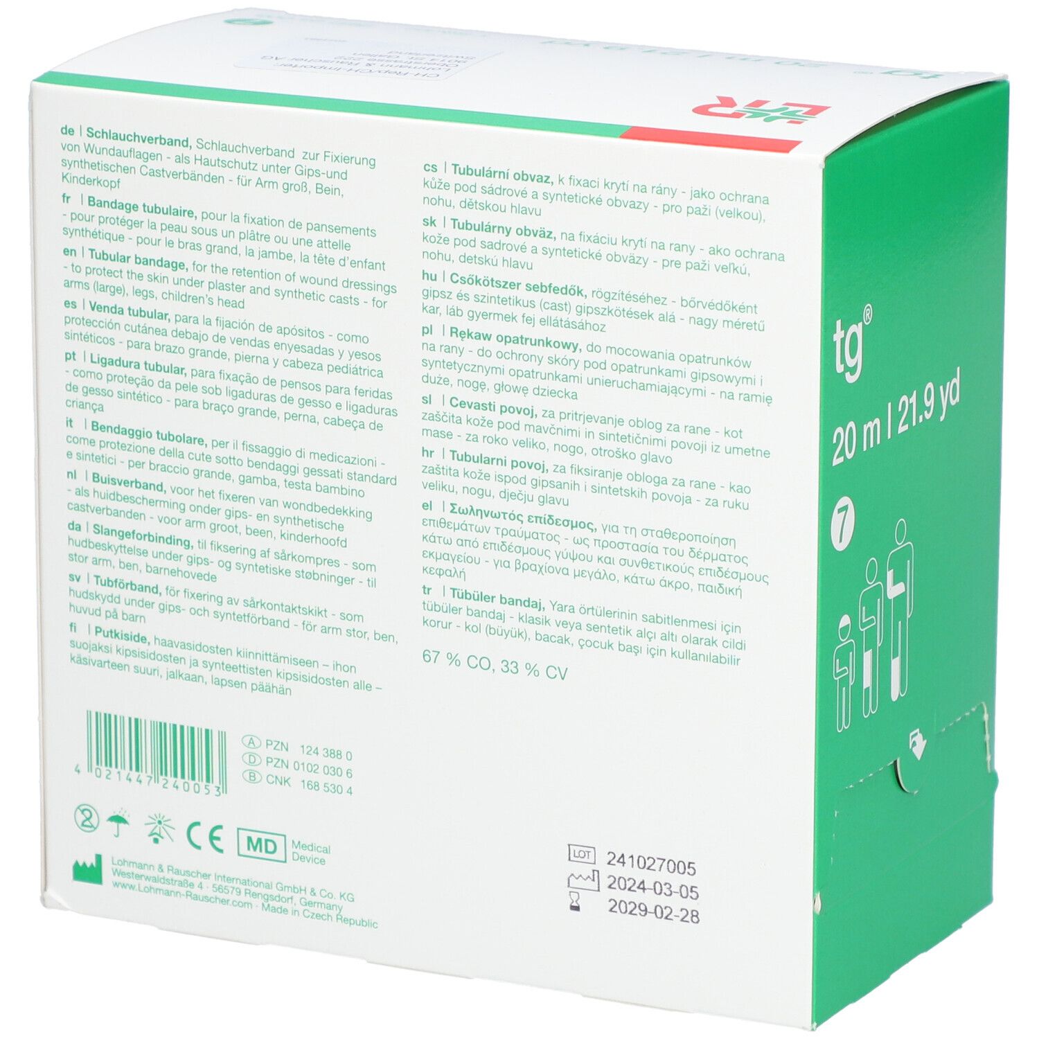 Rückseite der Verpackung mit Text in mehreren Sprachen. Aufdruck: tg®, 20 m, 7. Piktogramme, Zertifizierungen.