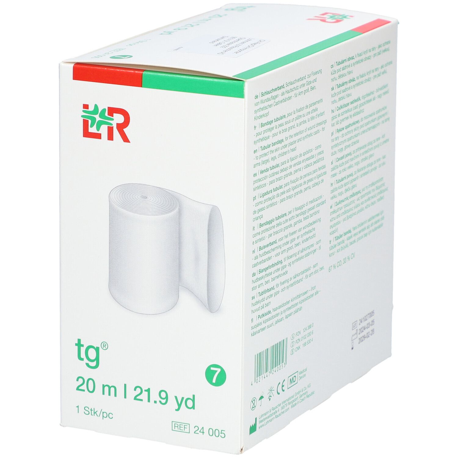 Verpackung mit weißem Schlauchverband. Aufdruck: tg®, 20 m, 7. Produktbezeichnung und Logo.