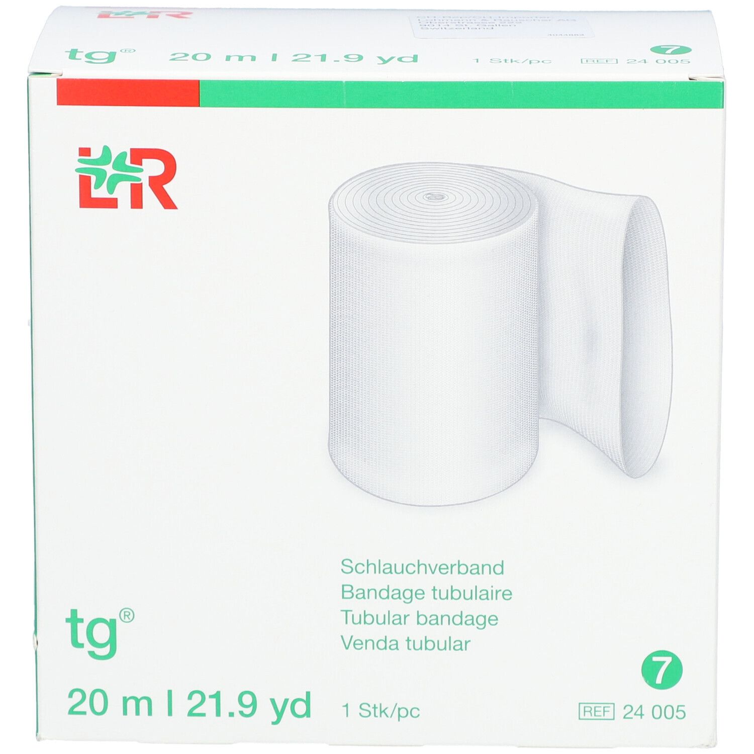 Verpackung mit weißem Schlauchverband. Aufdruck: tg®, 20 m, 7. Produktbezeichnung und Logo.